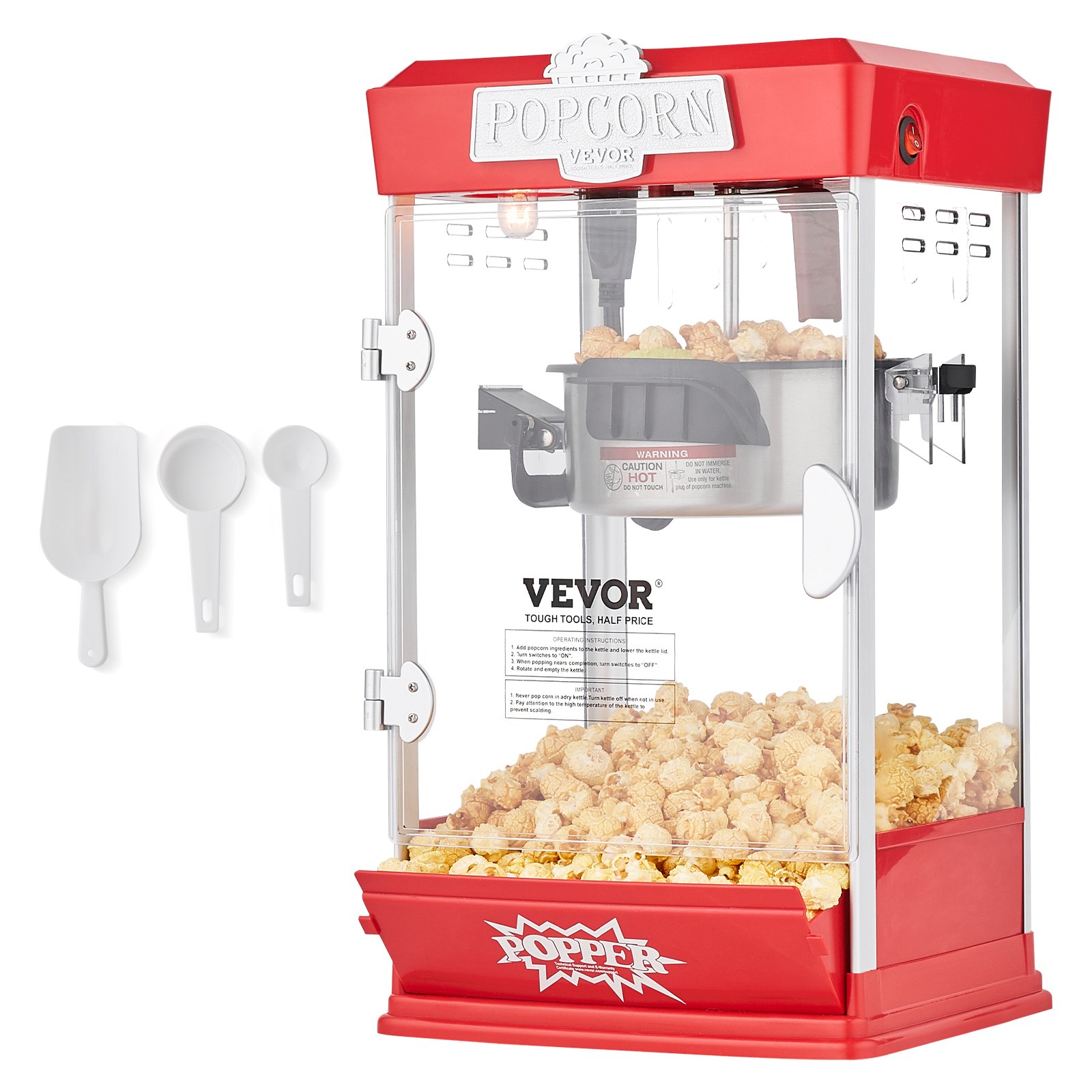 Maszyna do popcornu VEVOR o mocy 480 W, czajnik 4 uncje, produkuje 1,5 galona na załadunek, stołowa maszyna do popcornu, zawiera 3 gałki, maszyna do popcornu w stylu kinowym, czerwona kawiarnia