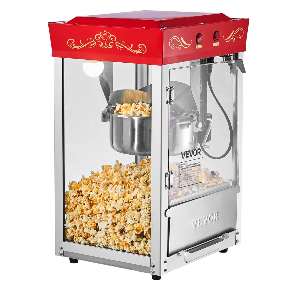 Maszyna do popcornu VEVOR z czajnikiem ze stali nierdzewnej, komercyjna maszyna do popcornu o mocy 800 W, 48 filiżanek na załadunek, styl kinowy, z obsługą 2 przyciskami, szklana ścianka, drzwiczki z poliwęglanu, 1 miarka, 3 łyżki, kolor czerwony