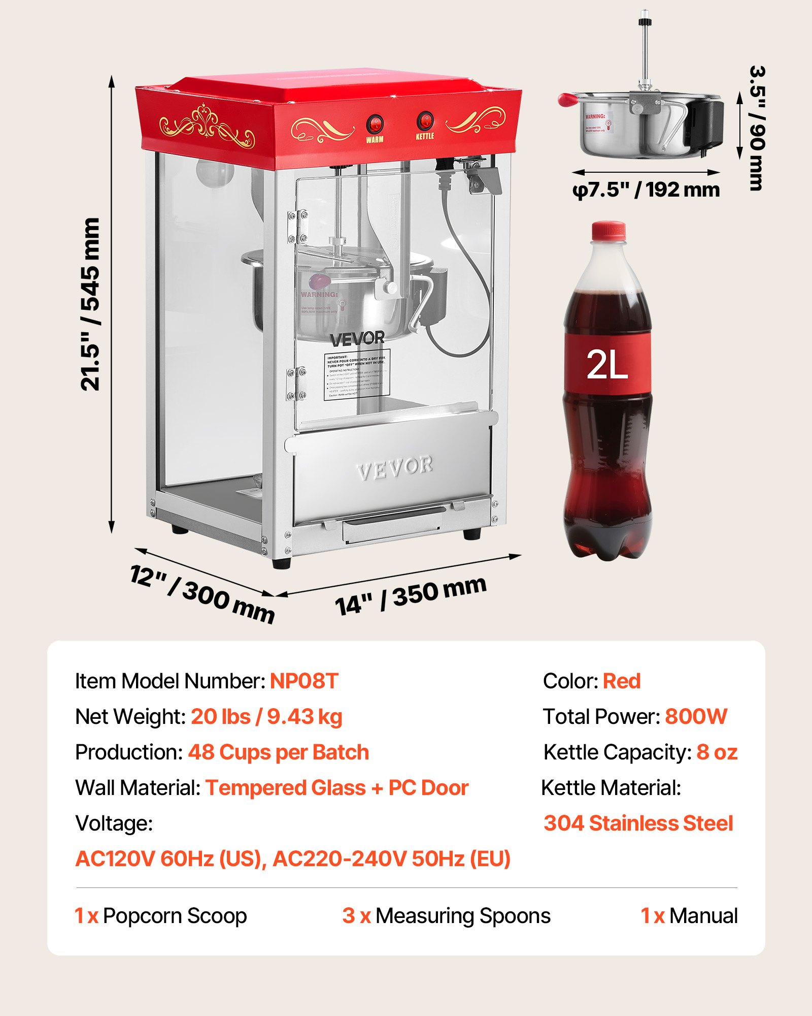 Maszyna do popcornu VEVOR z czajnikiem ze stali nierdzewnej, komercyjna maszyna do popcornu o mocy 800 W, 48 filiżanek na załadunek, styl kinowy, z obsługą 2 przyciskami, szklana ścianka, drzwiczki z poliwęglanu, 1 miarka, 3 łyżki, kolor czerwony