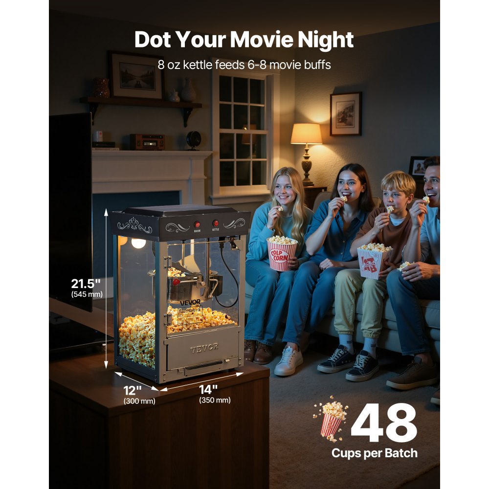 Maszyna do popcornu VEVOR z czajnikiem ze stali nierdzewnej, komercyjna maszyna do popcornu o mocy 800 W, 48 filiżanek na załadunek, styl kinowy, obsługa 2 przyciskami, szklana ścianka, drzwi z poliwęglanu, 1 miarka, 3 łyżki, kolor czarny