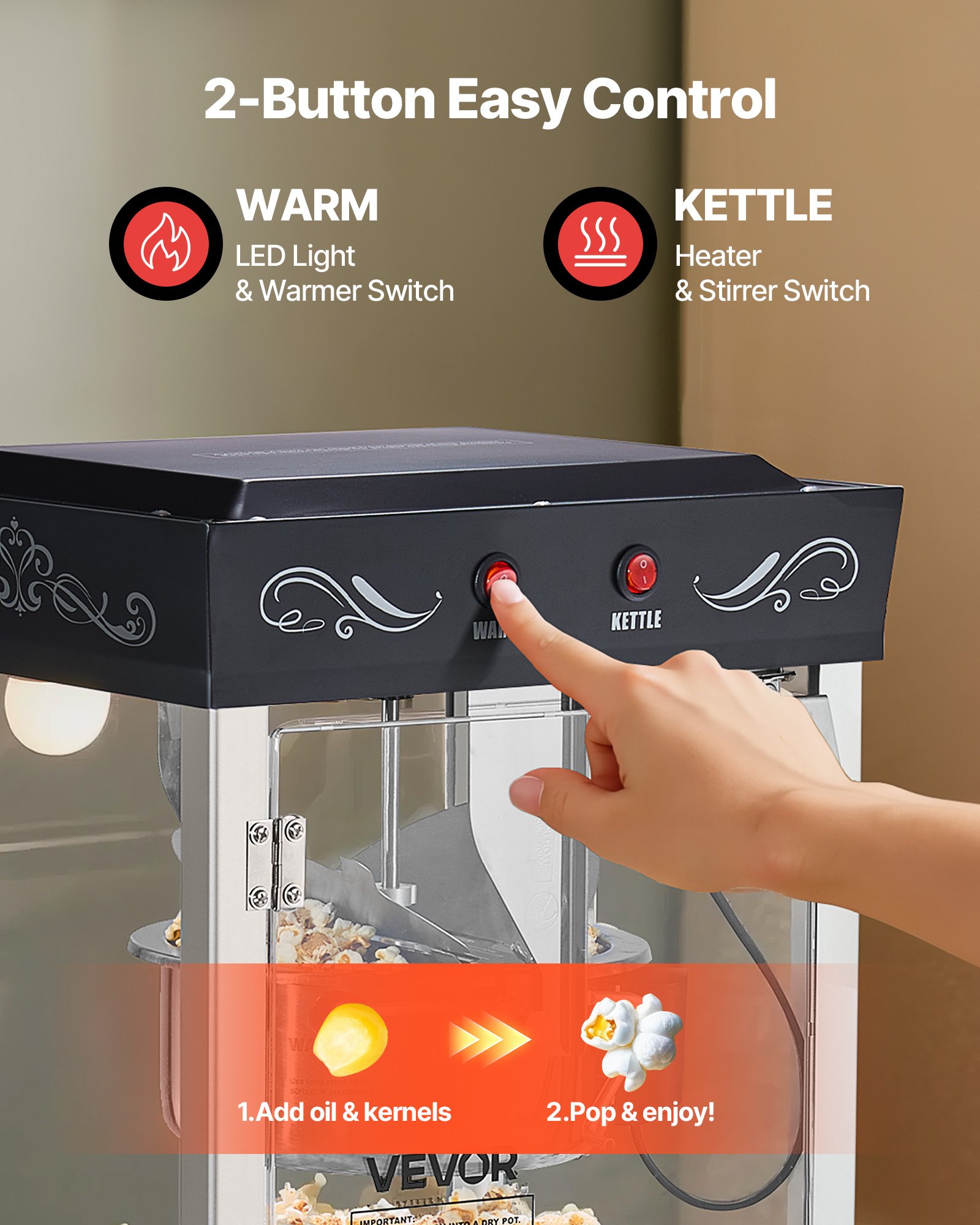 Maszyna do popcornu VEVOR z czajnikiem ze stali nierdzewnej, komercyjna maszyna do popcornu o mocy 800 W, 48 filiżanek na załadunek, styl kinowy, obsługa 2 przyciskami, szklana ścianka, drzwi z poliwęglanu, 1 miarka, 3 łyżki, kolor czarny