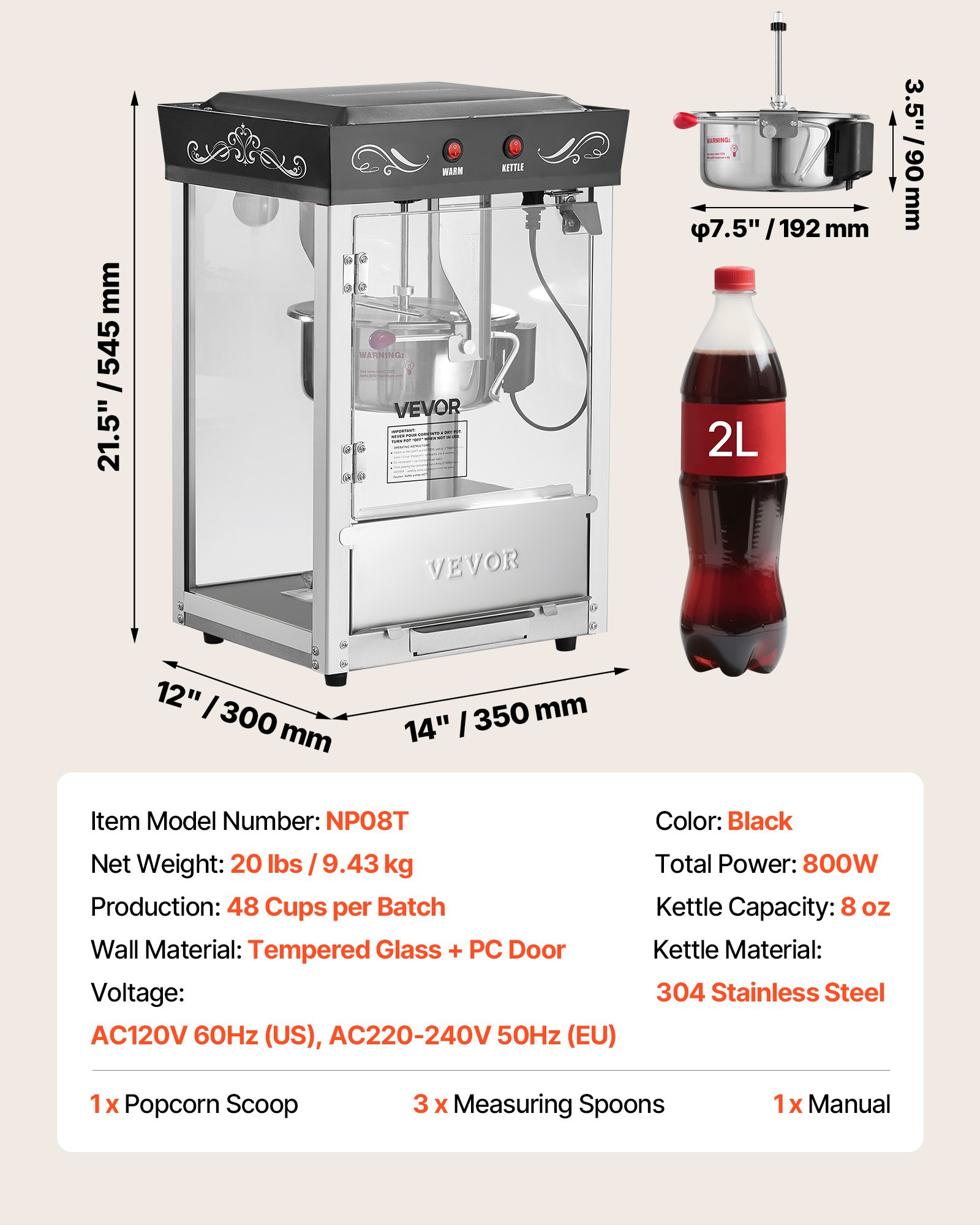 Maszyna do popcornu VEVOR z czajnikiem ze stali nierdzewnej, komercyjna maszyna do popcornu o mocy 800 W, 48 filiżanek na załadunek, styl kinowy, obsługa 2 przyciskami, szklana ścianka, drzwi z poliwęglanu, 1 miarka, 3 łyżki, kolor czarny