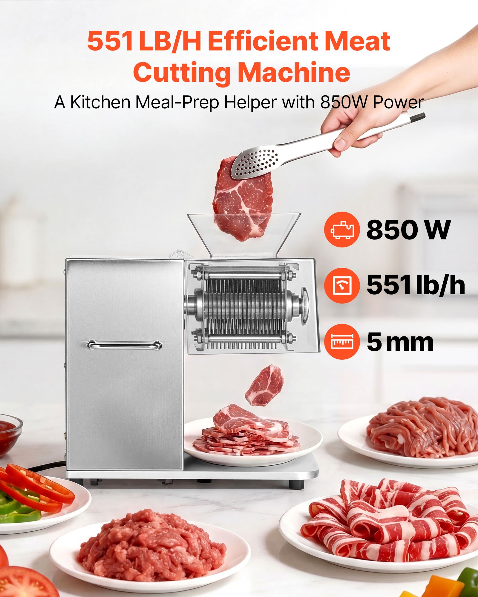Krajalnica do mięsa VEVOR 850 W, grubość cięcia 5 mm, idealna do rozdrabniania mięsa bez kości i miękkich warzyw, krajalnica do kuchni, restauracji i supermarketów