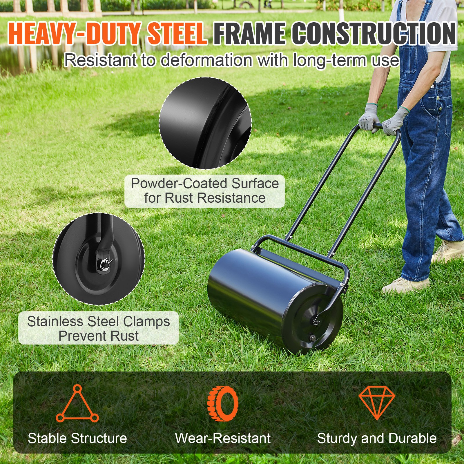 Wałek ogrodowy VEVOR 695x320x1130mm, ręczny, żeliwny i Q235, wał ogrodowy 46L, z wlotem wody, wałek ogrodowy z uchwytem w kształcie litery U, idealny do ogrodów, gospodarstw rolnych, dużych terenów zielonych, parków