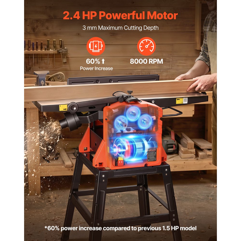 VEVOR Benchtop Planer and Jointer Combo, 254 mm, 2.4 HP 8000 RPM Bench Top Wood Jointer with Stand, 2-Blade Straight Cutterhead, Cast Aluminum Table, 0-3 mm Adjustable Depth, for Woodworking DIY