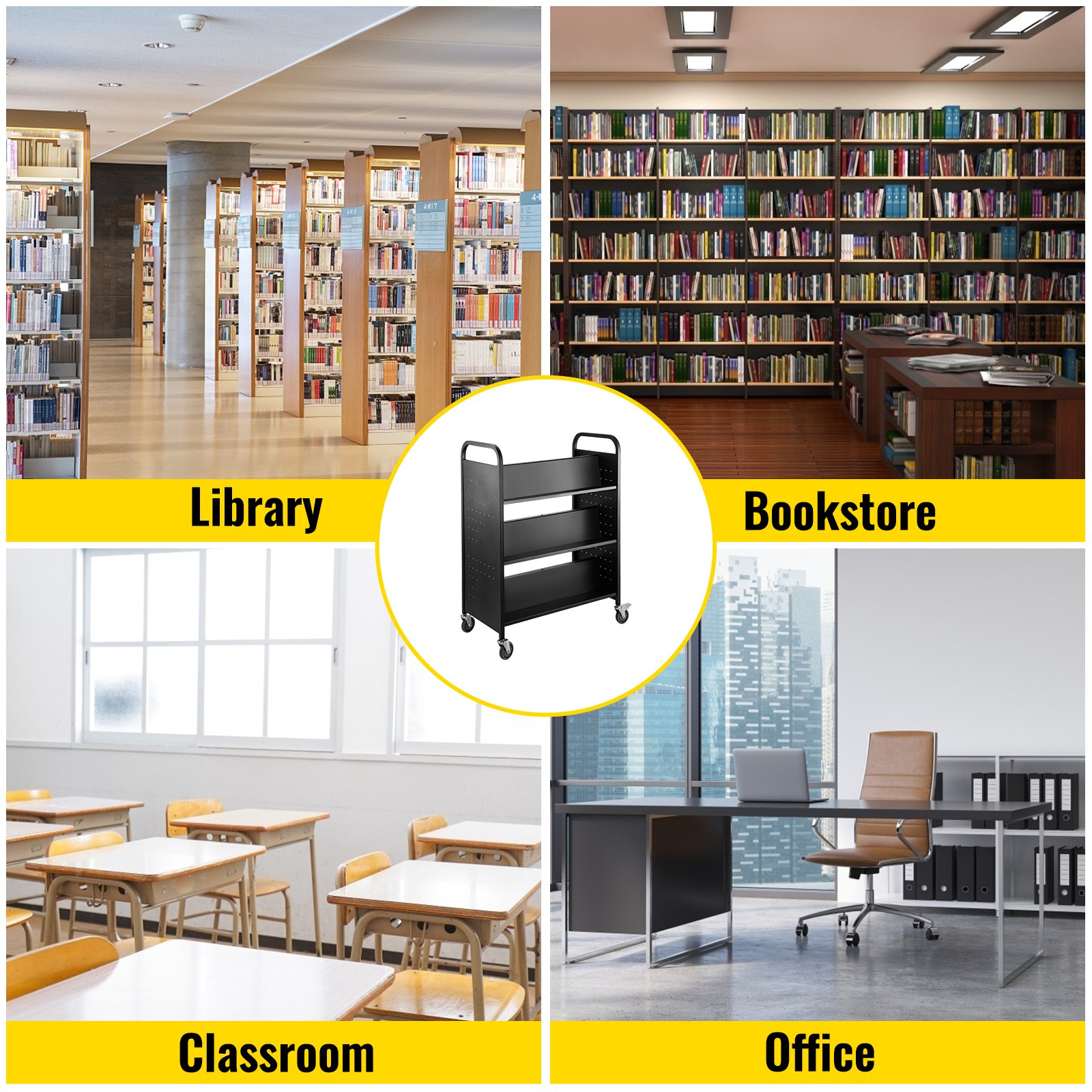 Wózek na książki VEVOR, wózek biblioteczny, 200 funtów, z dwustronnymi, pochyłymi półkami w kształcie litery W, czarny