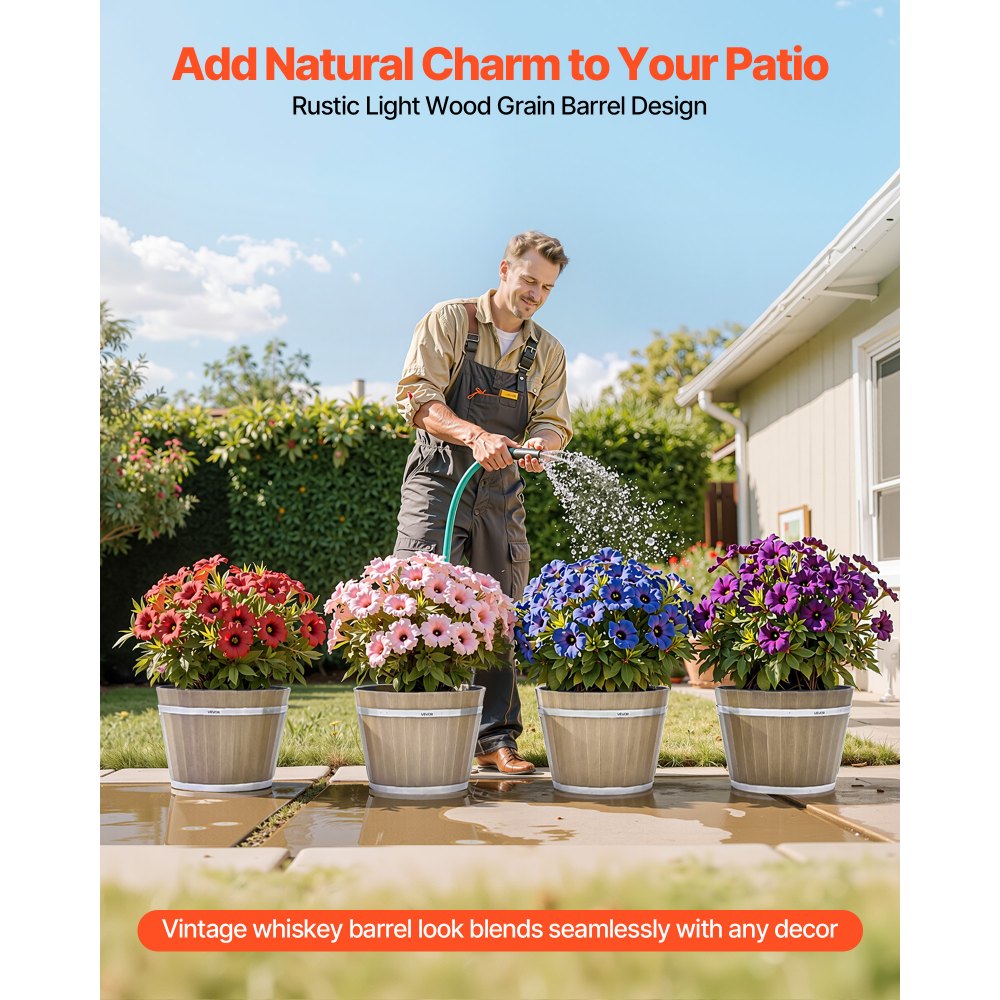 Doniczki VEVOR 300 x 210 mm, zestaw 4 doniczek w kształcie beczki po whisky z otworami drenażowymi, plastikowa doniczka w kształcie beczki po winie do roślin doniczkowych i ogrodowych, do ogrodu, do domu, brązowa