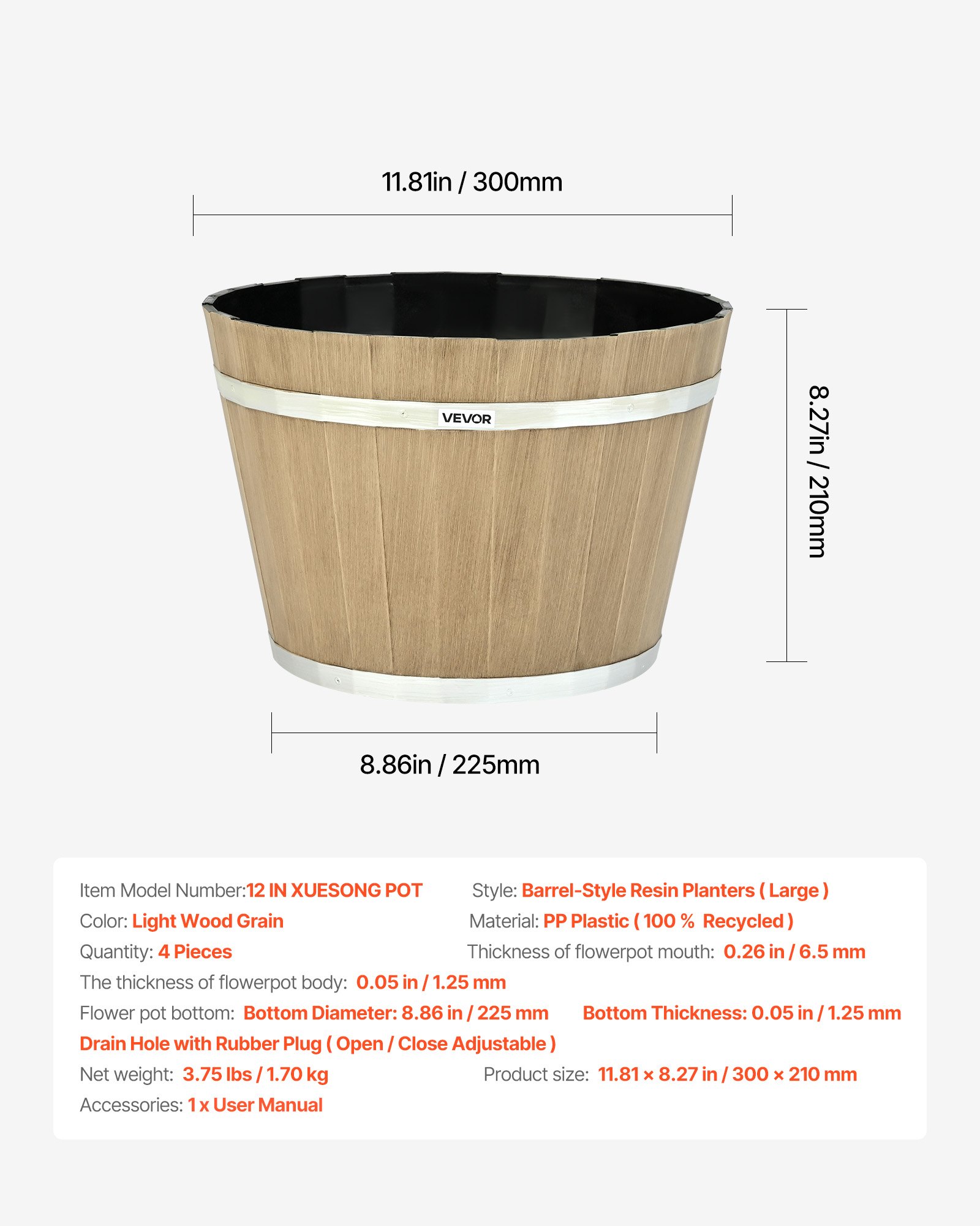 Doniczki VEVOR 300 x 210 mm, zestaw 4 doniczek w kształcie beczki po whisky z otworami drenażowymi, plastikowa doniczka w kształcie beczki po winie do roślin doniczkowych i ogrodowych, do ogrodu, do domu, brązowa