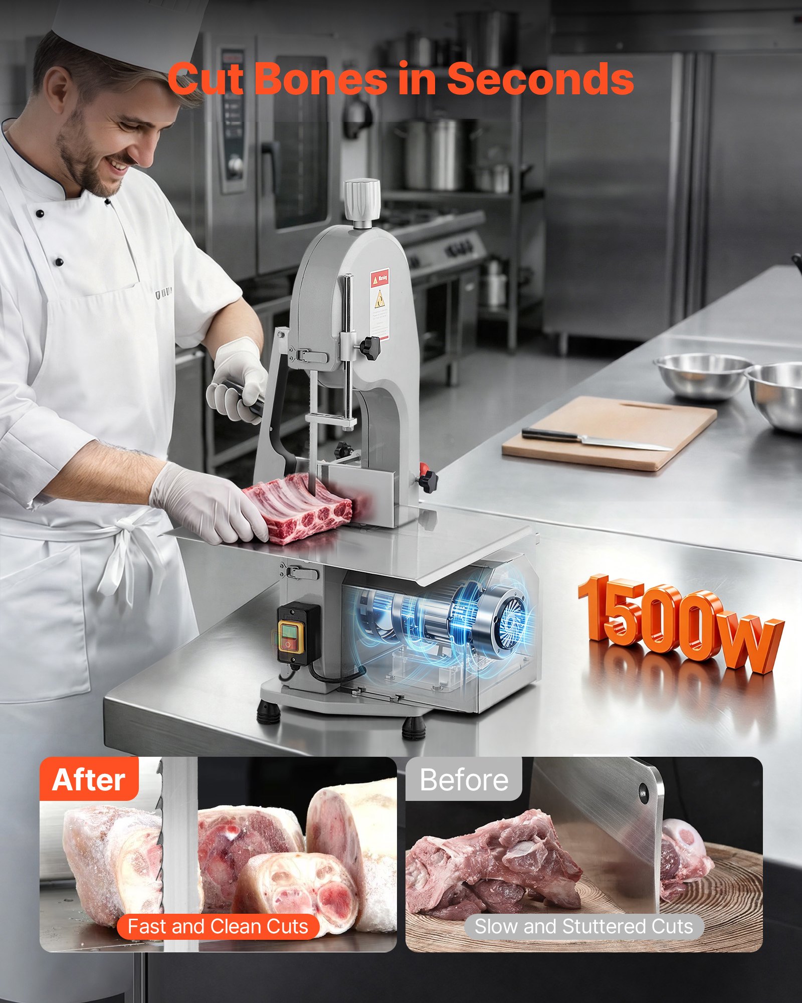 Piła do kości VEVOR, 1500 W, 300 kg/h, elektryczna maszyna do cięcia kości, 490 x 380 mm, grubość cięcia 4-200 mm, piła do mięsa gastronomicznego, komercyjna piła do kości, taśmowa piła do mięsa