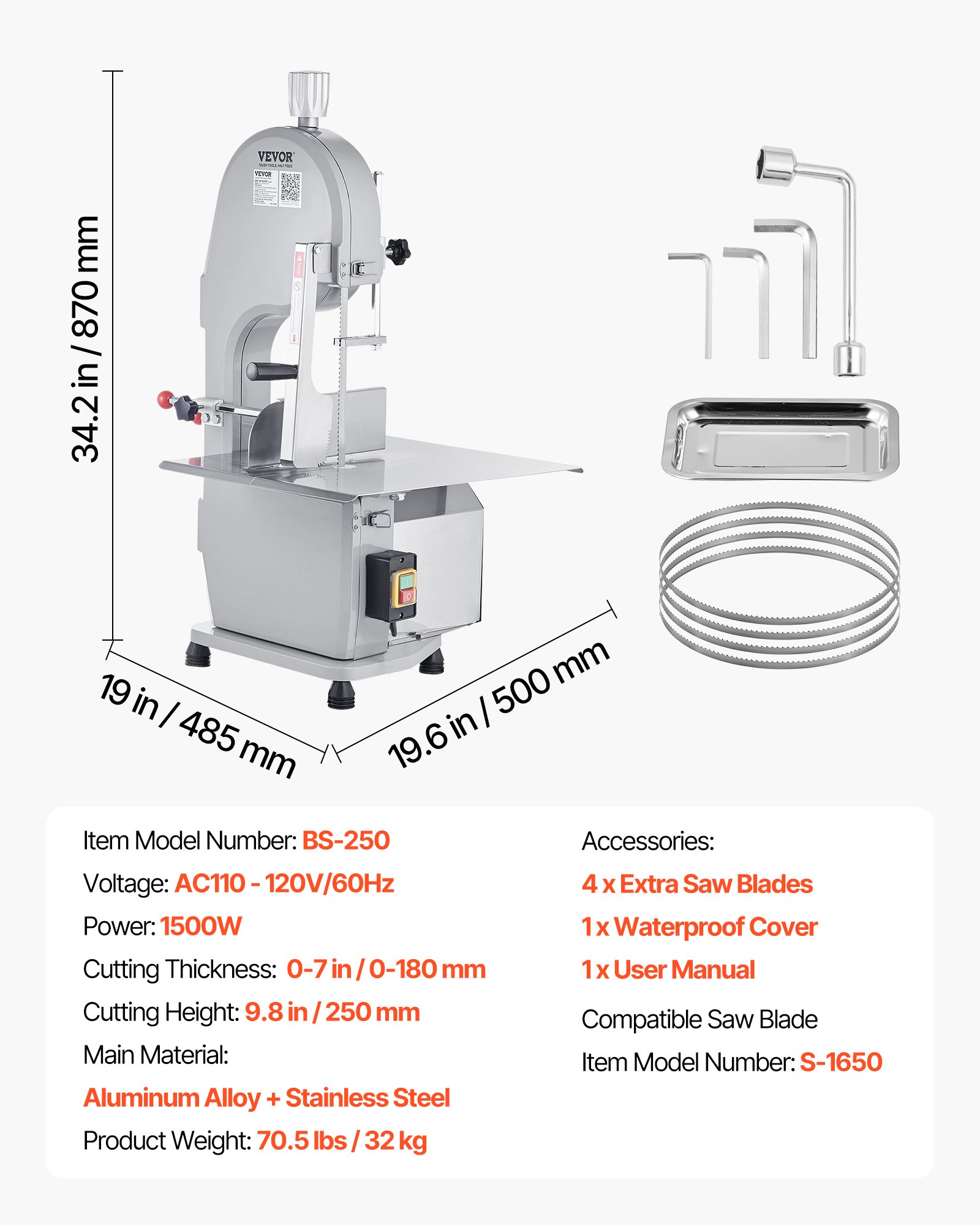 Piła do kości VEVOR, 1500 W, 300 kg/h, elektryczna maszyna do cięcia kości, 490 x 380 mm, grubość cięcia 4-200 mm, piła do mięsa gastronomicznego, komercyjna piła do kości, taśmowa piła do mięsa