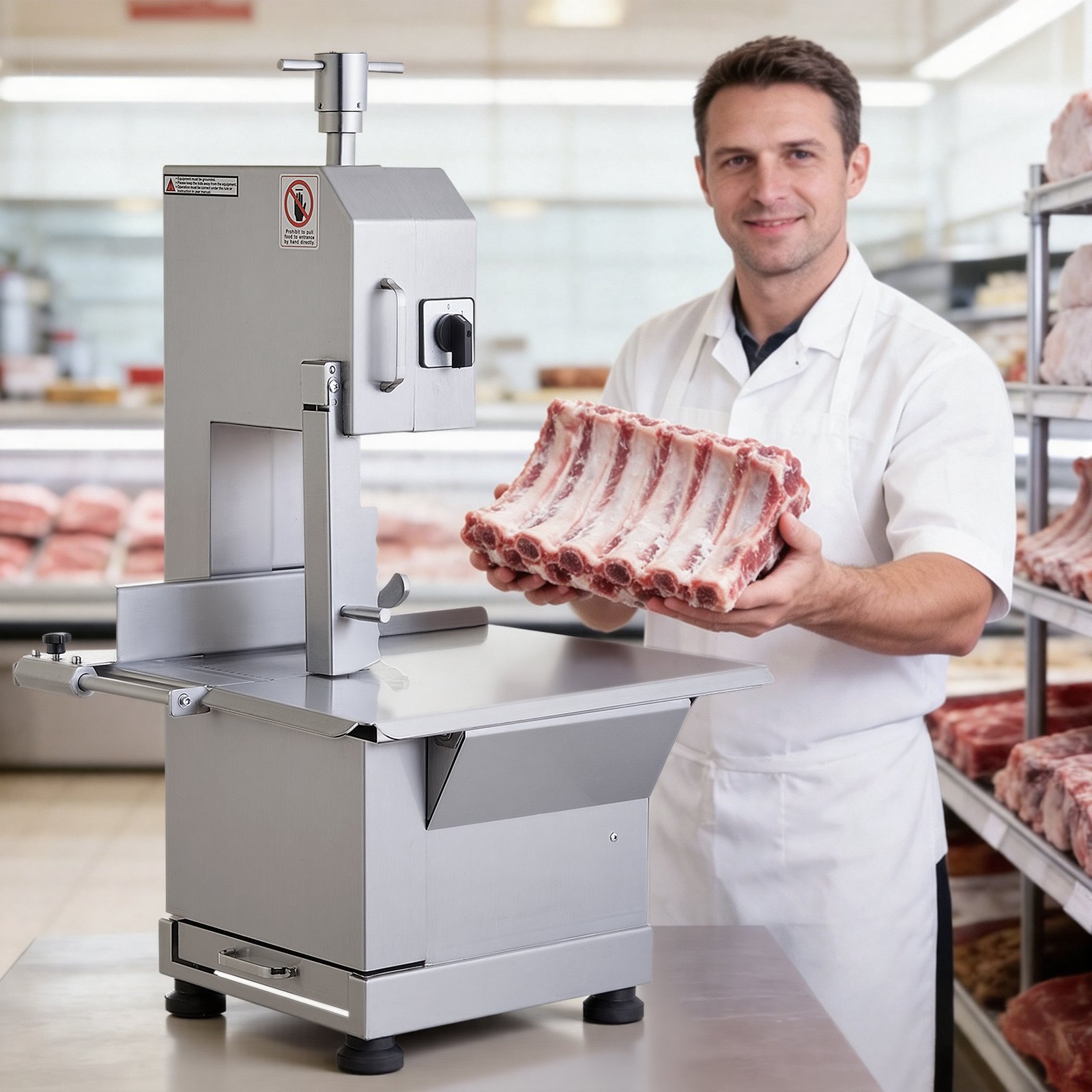 VEVOR Komercyjna maszyna do cięcia mięsa i kości 2200 W, maszyna do cięcia kości 1000 kg/h Maszyna do cięcia mrożonego mięsa i kości, regulowana grubość 0-180 mm Piła do kości Stół roboczy 470 x 530 mm