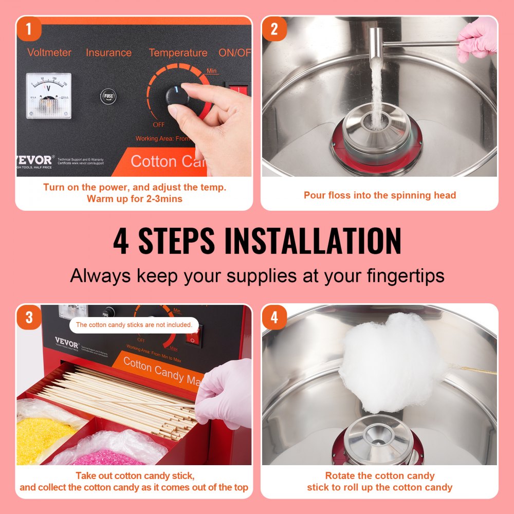 Elektryczna maszyna do waty cukrowej VEVOR, 1000 W, komercyjna maszyna do waty cukrowej z pokrywą, misa ze stali nierdzewnej, miarka do cukru, szuflada, idealna na przyjęcia rodzinne, kolor czerwony