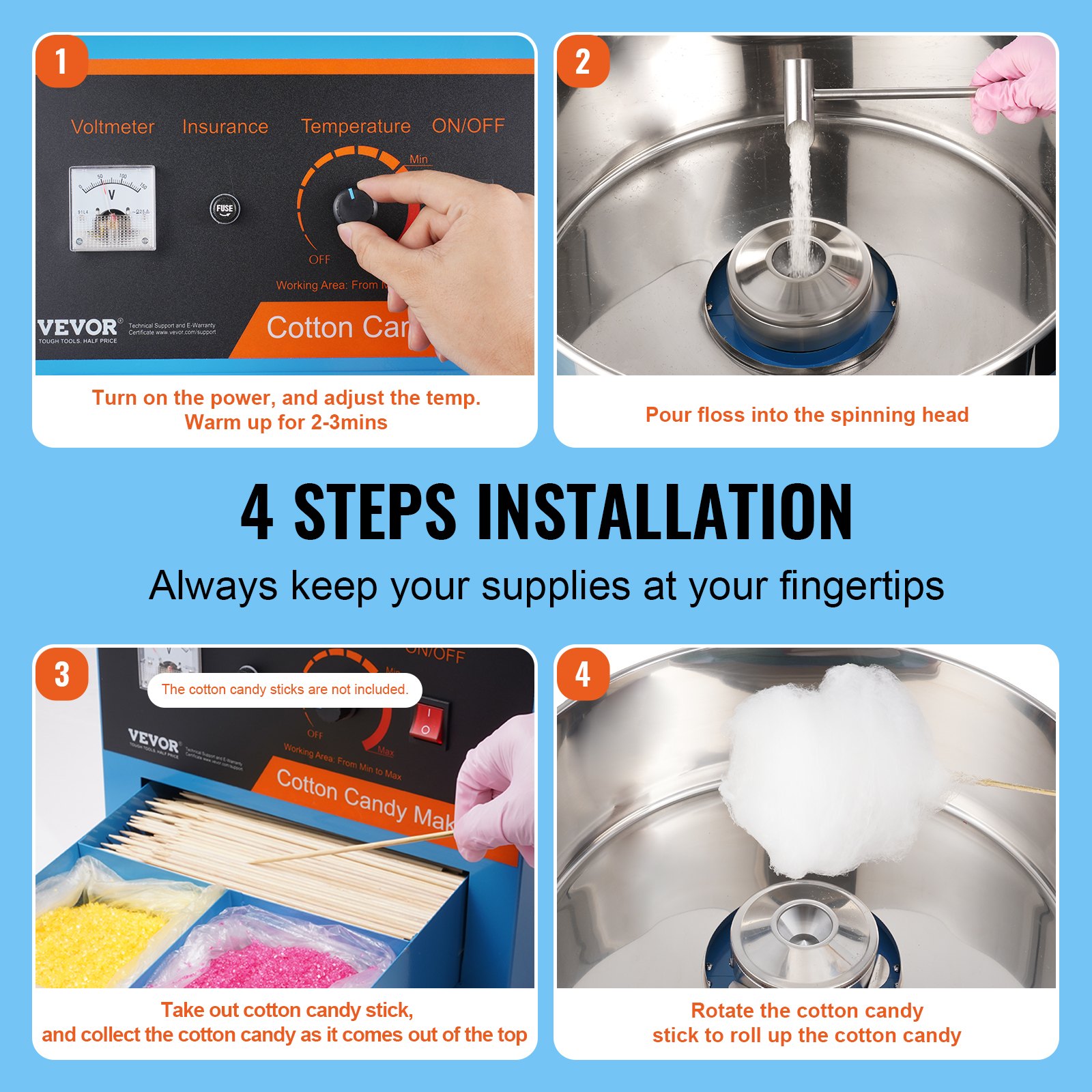 Elektryczna maszyna do waty cukrowej VEVOR, 1000 W, komercyjna maszyna do waty cukrowej z misą ze stali nierdzewnej, łyżką do cukru i szufladką, na urodziny dzieci i przyjęcia rodzinne, kolor niebieski