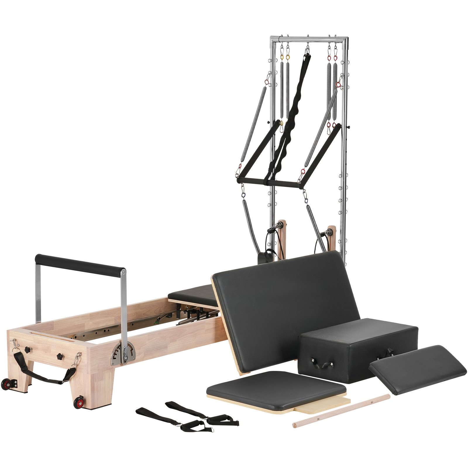 Maszyna VEVOR Pilates Reformer z drewna kauczukowego do siłowni, sprzęt do treningu siłowego z podwójnym oporem, Reformer Box, trampolina, dla zaawansowanych i początkujących, do 181,44 kg