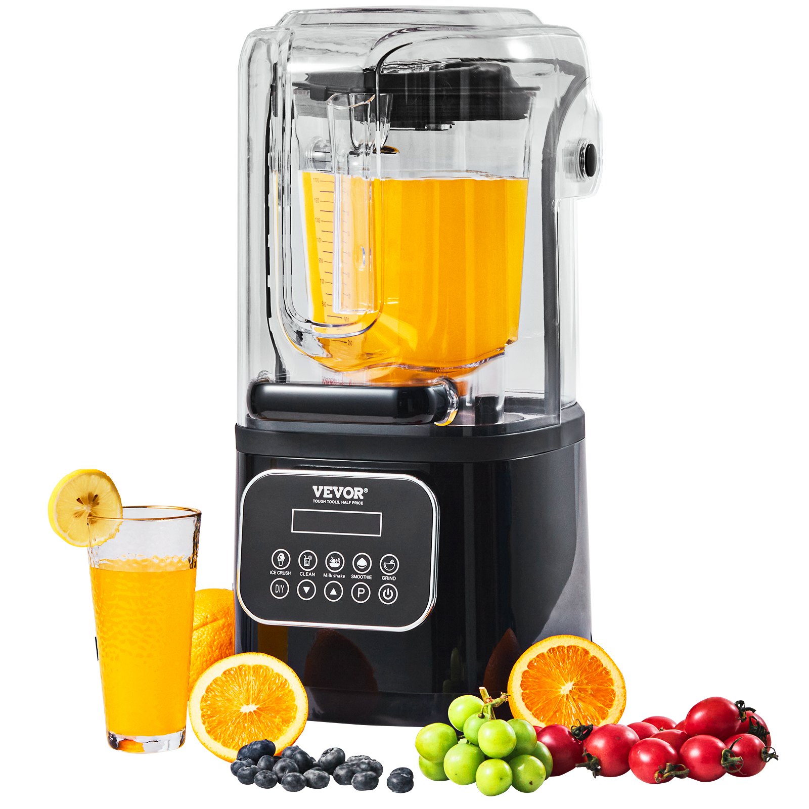 Blender VEVOR Professional z osłoną ochronną i szklanym dzbankiem, komercyjny blender stojący o pojemności 2 l, 9 prędkości i 5 funkcji, do koktajli, smoothie, napojów, czarny