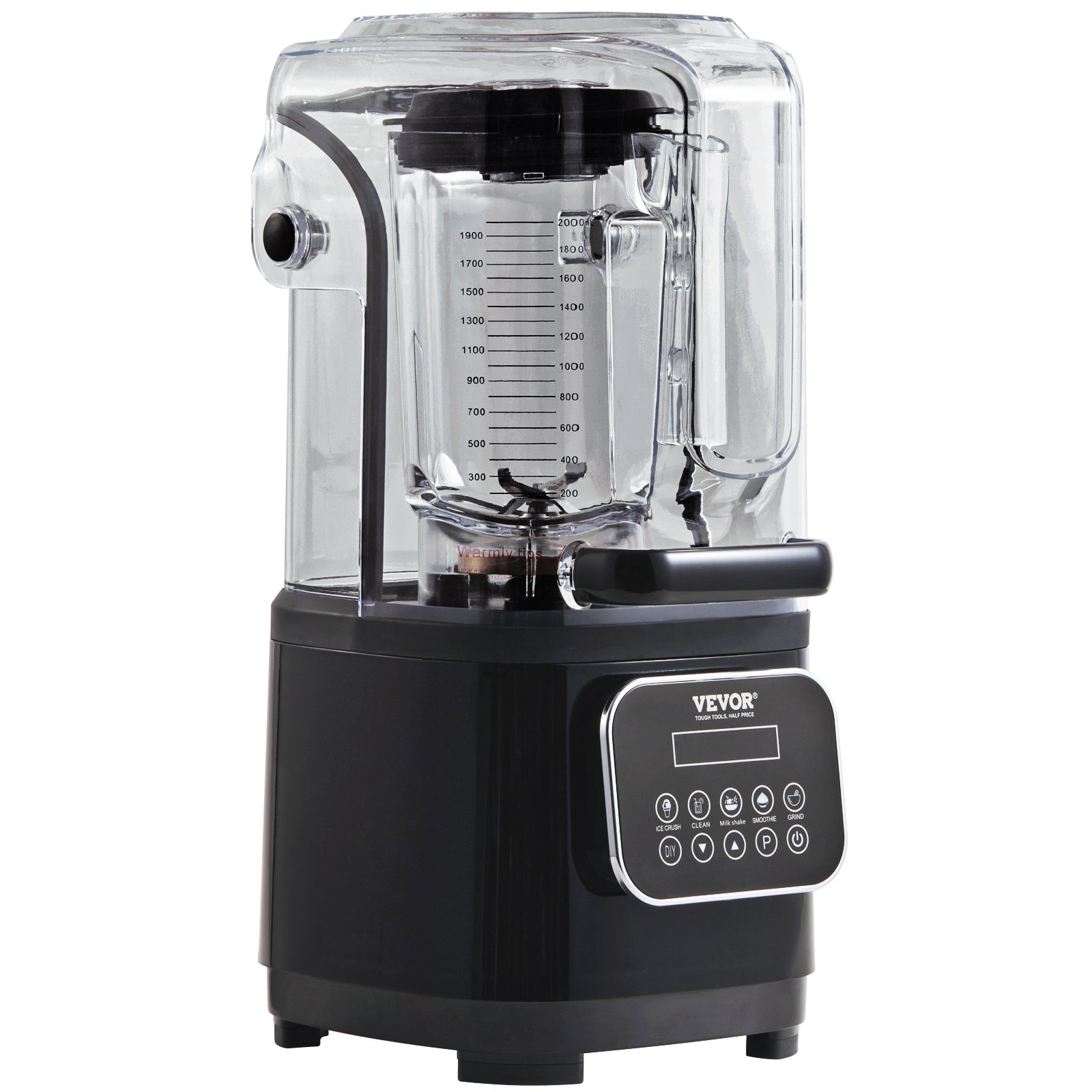 Blender VEVOR Professional z osłoną ochronną i szklanym dzbankiem, komercyjny blender stojący o pojemności 2 l, 9 prędkości i 5 funkcji, do koktajli, smoothie, napojów, czarny