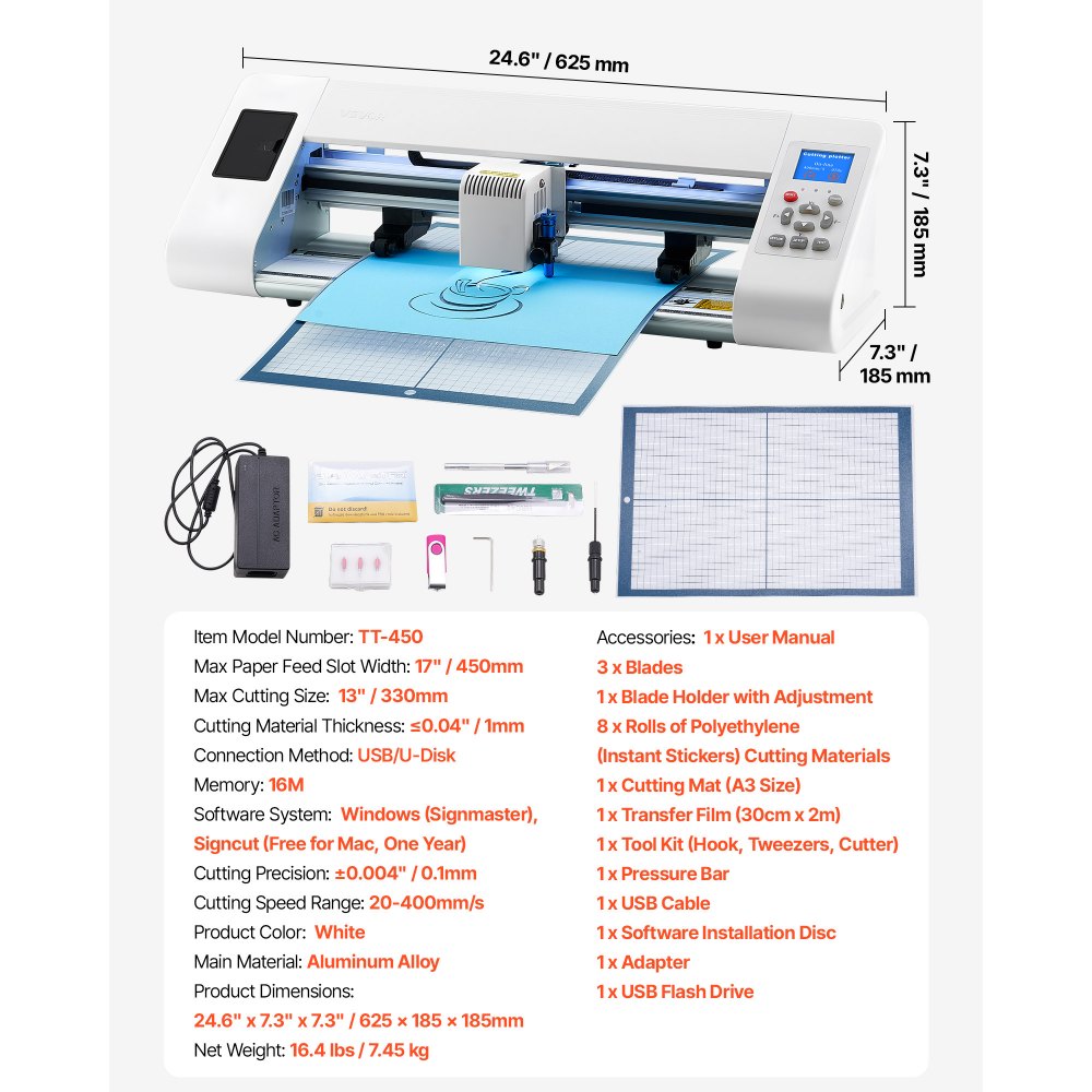 Ploter tnący VEVOR (rozmiar cięcia 33 cm) z automatycznym wykrywaniem krawędzi, oprogramowaniem do projektowania i materiałami, kompatybilny z formatami SVG/EPS/PLT, do personalizowanych kartek i naklejek