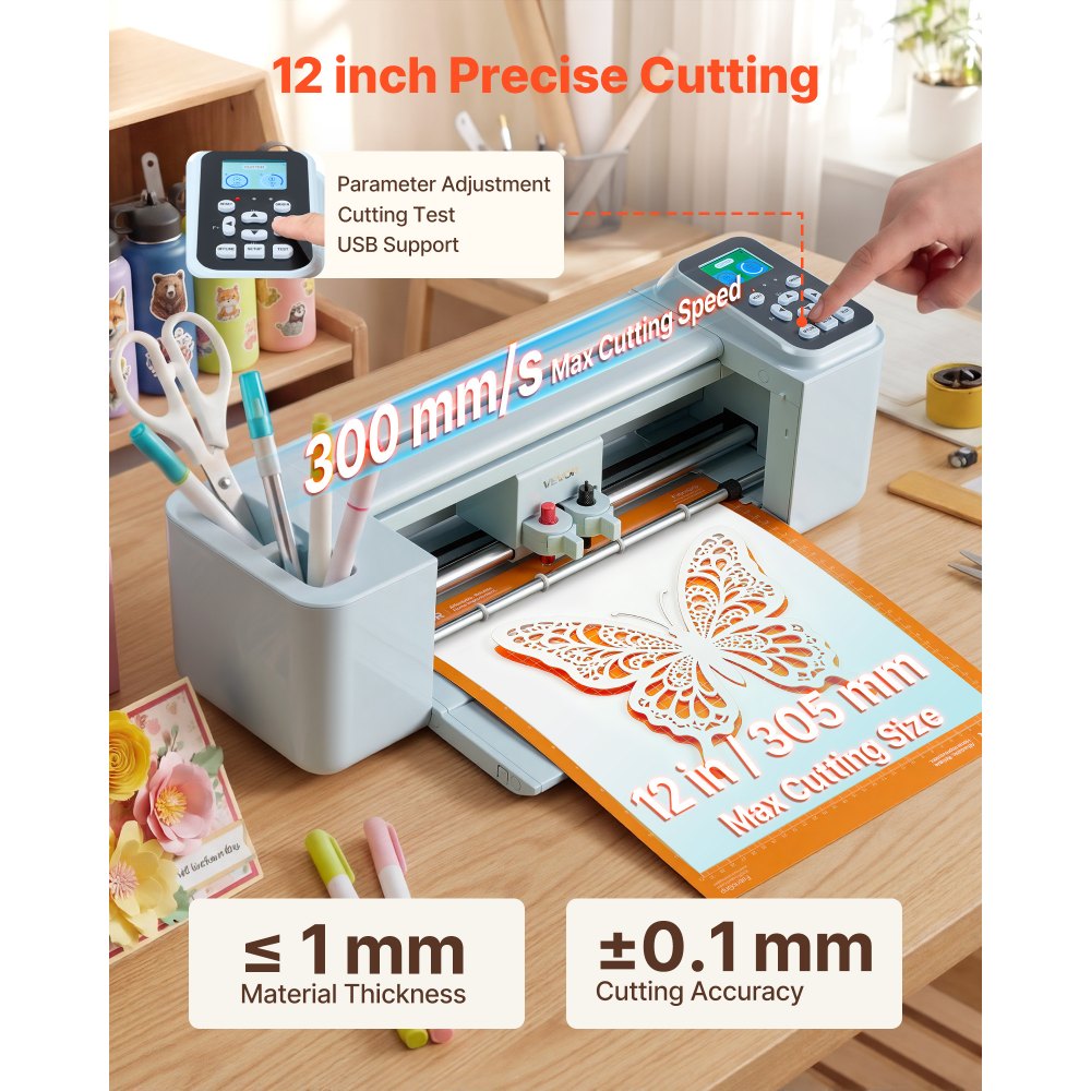 VEVOR Vinyl Cutting Machine, 305 mm, Button and Screen Controlled Vinyl Cutter, 5000+ Built-in Design Resources, Compatible with Mac, Windows, Android and iOS, for Creating Customized Crafts Cards