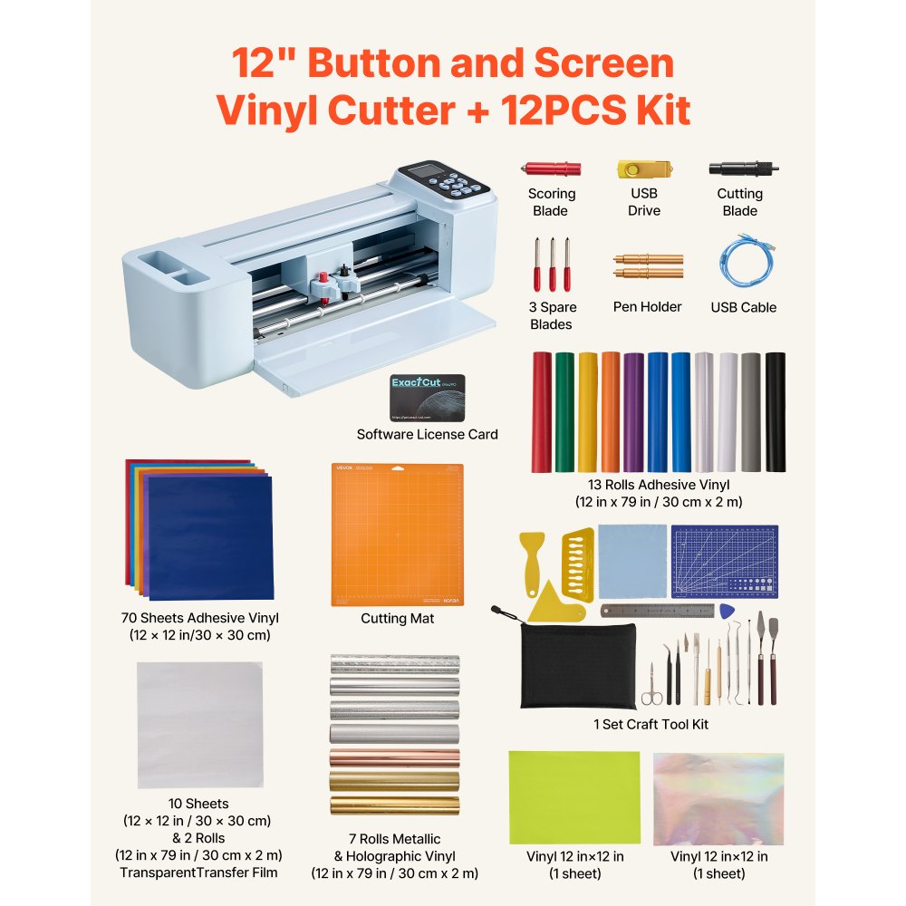 VEVOR Vinyl Cutting Machine, 305 mm, Button and Screen Controlled Vinyl Cutter with Materials and Tool Kit, 5000+ Built-in Design Resources, Compatible with Mac, Windows, Android and iOS, for Crafts