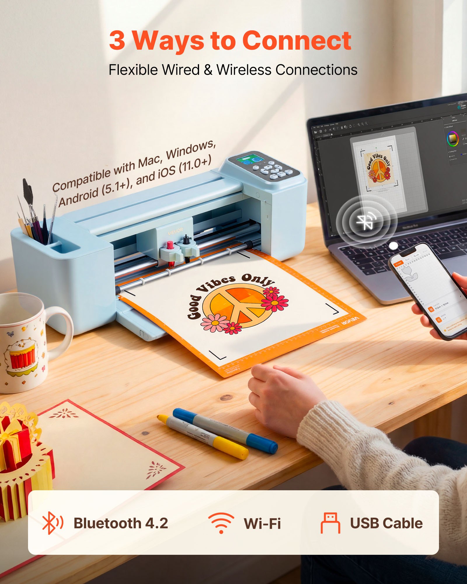 VEVOR Vinyl Cutting Machine, 305 mm, Button and Screen Controlled Vinyl Cutter with Materials and Tool Kit, 5000+ Built-in Design Resources, Compatible with Mac, Windows, Android and iOS, for Crafts