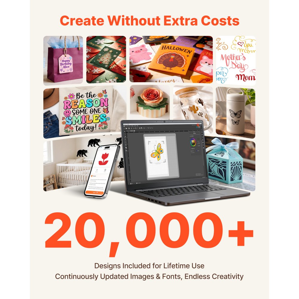 VEVOR Vinyl Cutting Machine, 305 mm, Button-Controlled Vinyl Cutter, 5000+ Built-in Design Resources, Compatible with Mac, Windows, Android and iOS, for Creating Customized Crafts Cards, Home Decor