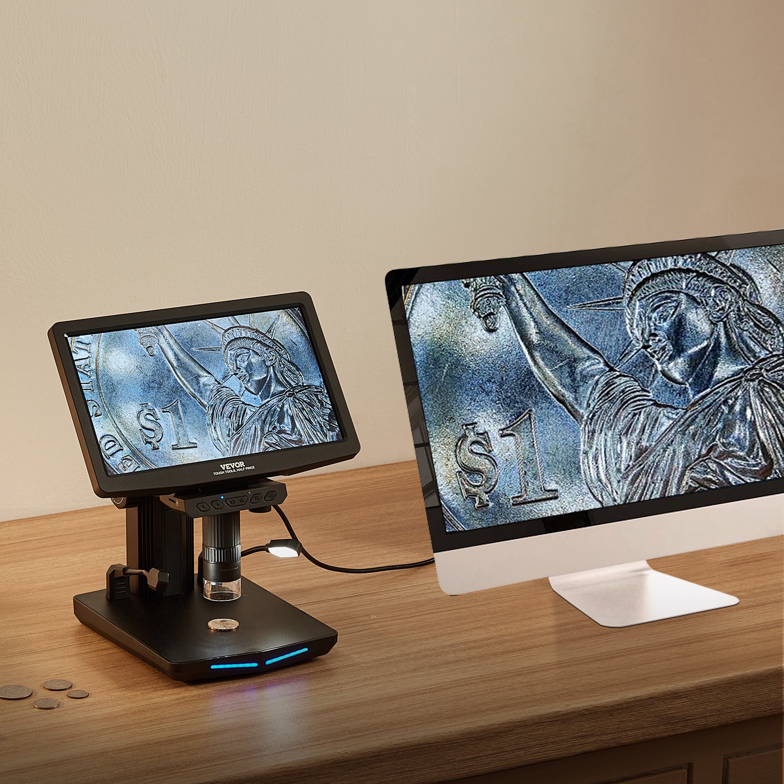 Mikroskop cyfrowy VEVOR z 26-centymetrowym ekranem HD, powiększenie 10X–1300X, mikroskop światła padającego, mikroskop USB, 8 diod LED, 2 miliony pikseli, rozdzielczość wideo 1080P, rozdzielczość zdjęć 1920x1080, karta pamięci 32 GB