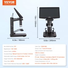 Mikroskop cyfrowy VEVOR z 7-calowym ekranem IPS, powiększenie 10X-1200X Mikroskop światła odbitego Mikroskop USB 8 LED, 2 miliony pikseli, rozdzielczość wideo 1080P, rozdzielczość zdjęć 1920x1080 Karta pamięci 32 GB