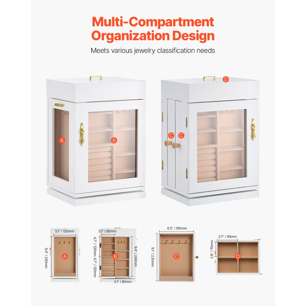 VEVOR Jewelry Box, 360° Rotating Jewelry Box with Magnetic Door & Acrylic Window & 4 Integrated Necklace Hooks, Storage Case with Metal Handles, Padded Bottom & Soft Velvet Lining