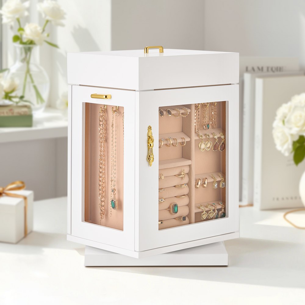 VEVOR Jewelry Box, 360° Rotating Jewelry Box with Magnetic Door & Acrylic Window & 4 Integrated Necklace Hooks, Storage Case with Metal Handles, Padded Bottom & Soft Velvet Lining
