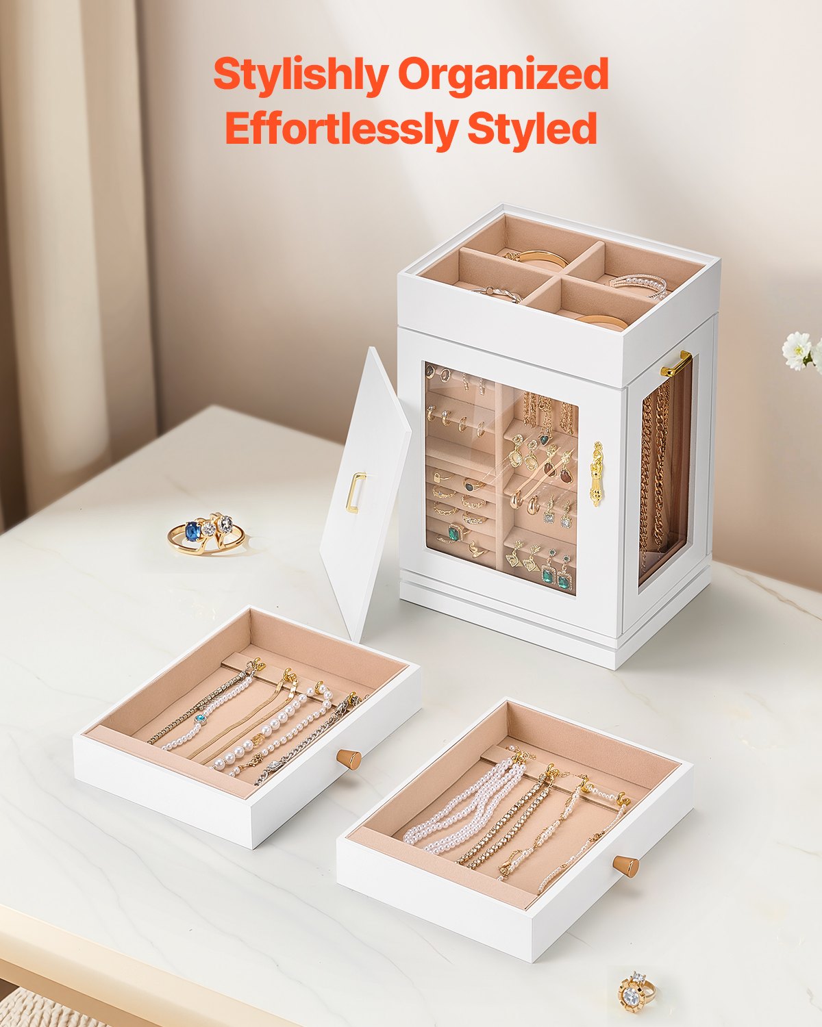 VEVOR Jewelry Box, 360° Rotating Jewelry Box with Magnetic Door & Acrylic Window & 4 Integrated Necklace Hooks, Storage Case with Metal Handles, Padded Bottom & Soft Velvet Lining