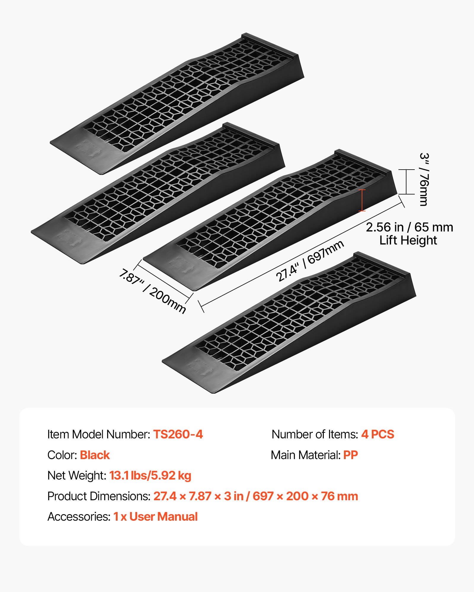 VEVOR Car Ramps, 4 PCS 9072 kg GVW Capacity, 65 mm Lift Height, Portable Low Profile Car Service Ramps for Home Garage Maintenance & Oil Changes, Heavy Duty for Low Chassis Vehicle & Support Jack