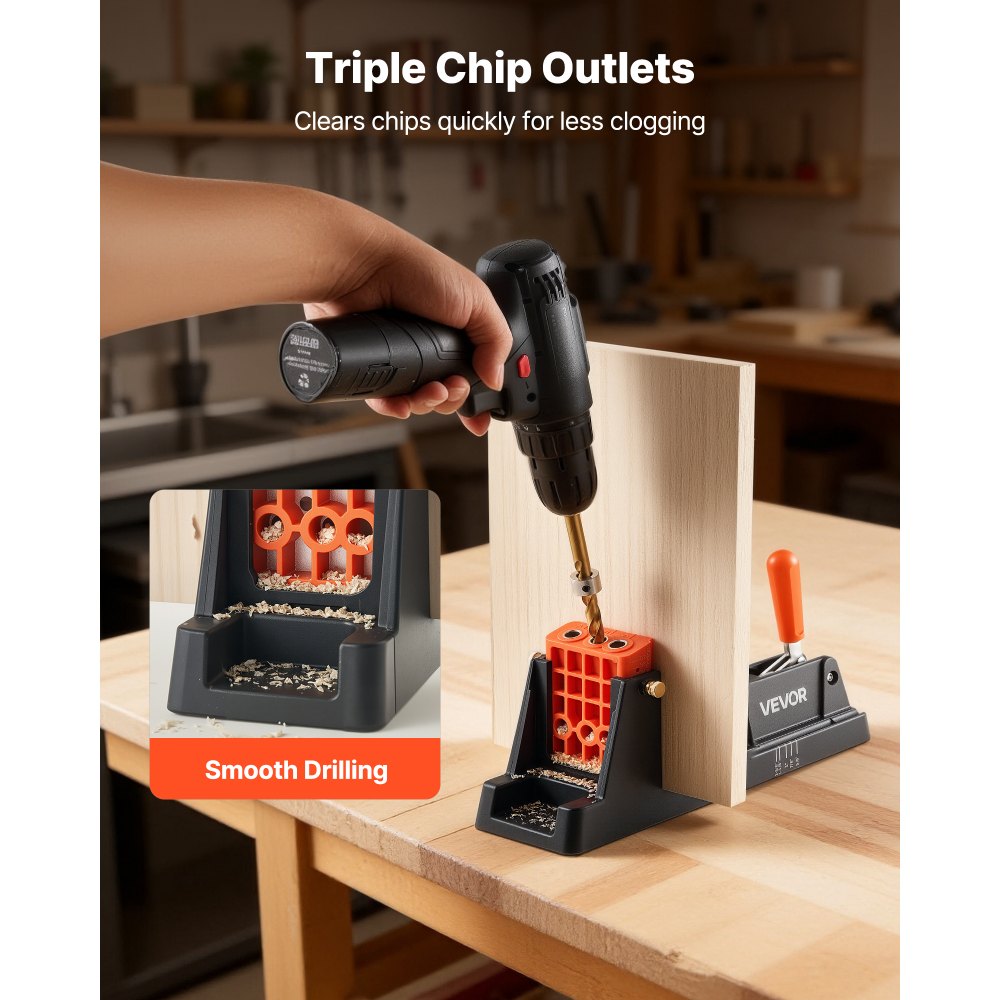 Szablon do otworów kieszeniowych VEVOR, 12,7 do 38,1 mm, kątowy pozycjoner otworów, zestaw szablonów do wiercenia otworów kieszeniowych z adapterem do odsysania pyłu, wyjmowany blok prowadzący, wiertło, pierścień oporowy, do obróbki drewna