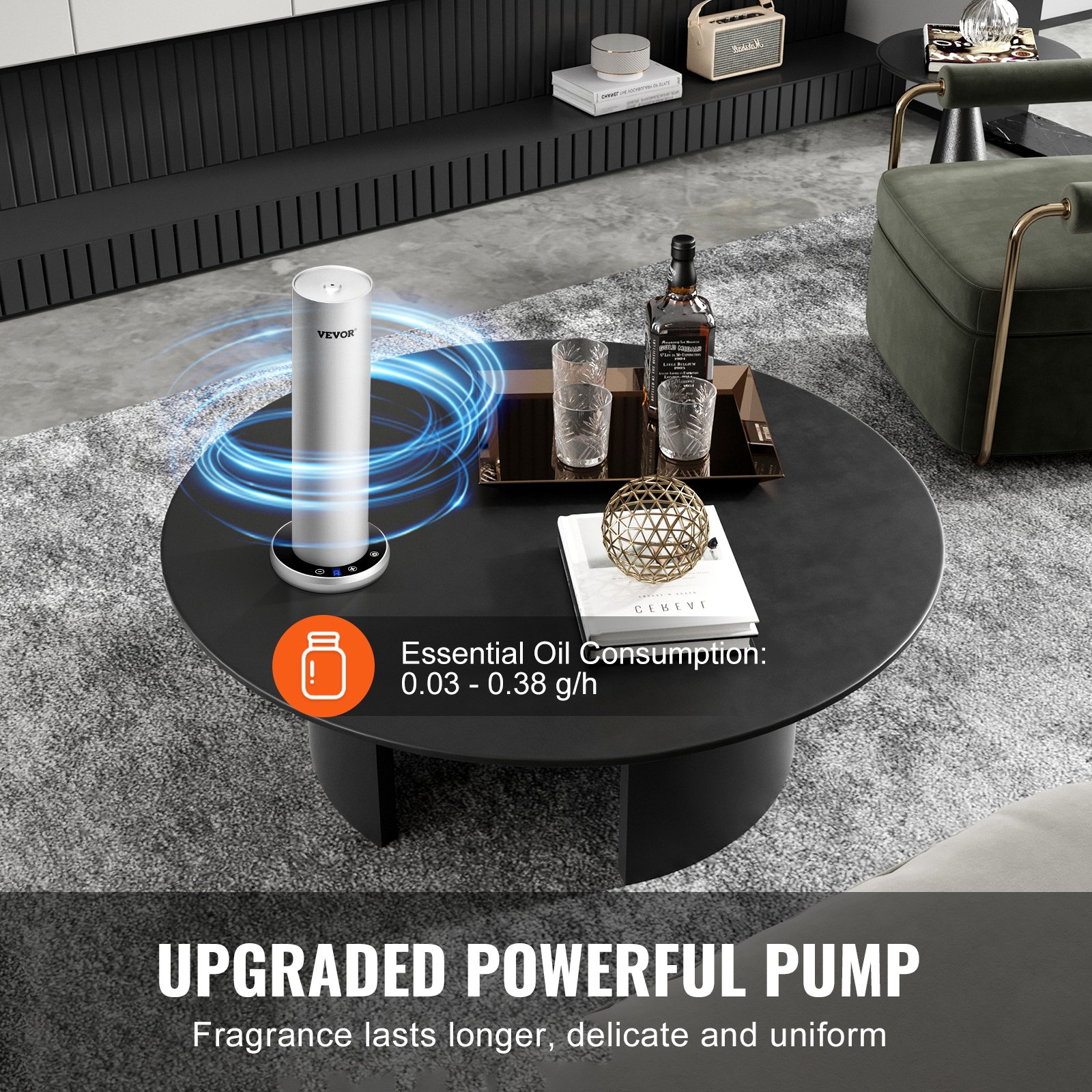 Dyfuzor powietrza VEVOR do domu, 120 ml, inteligentny dyfuzor chłodzącego powietrza Bluetooth, 93,4 m², bezwodny dyfuzor olejków eterycznych, urządzenie do aromaterapii stojące na podłodze do spa, jogi, domu, biura.