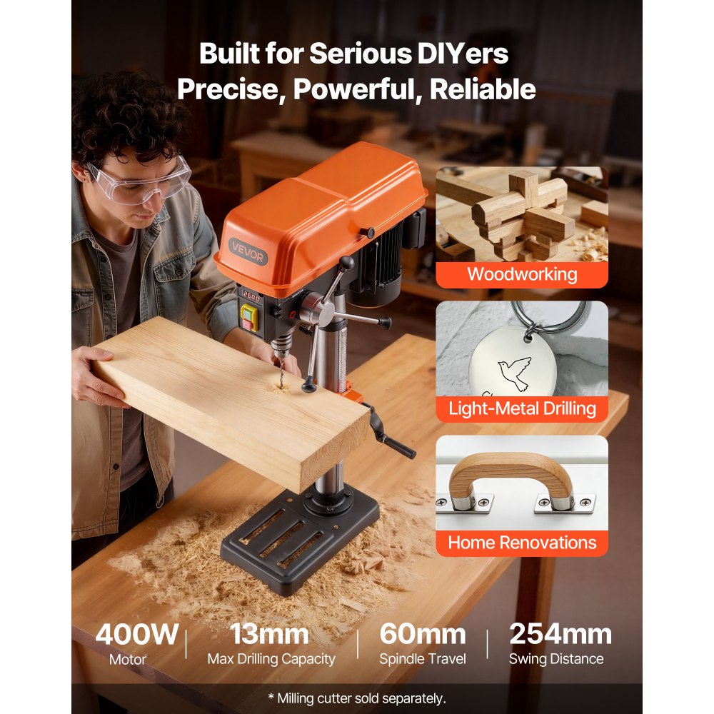 VEVOR 254 mm Benchtop Drill Press, 400W, Bench Drill Press, 440 to 2600 RPM Variable Speed, 0-45° Tilting Worktable, with Laser and LED Work Light, Tabletop Drilling Machine, for Woodworking, Metal