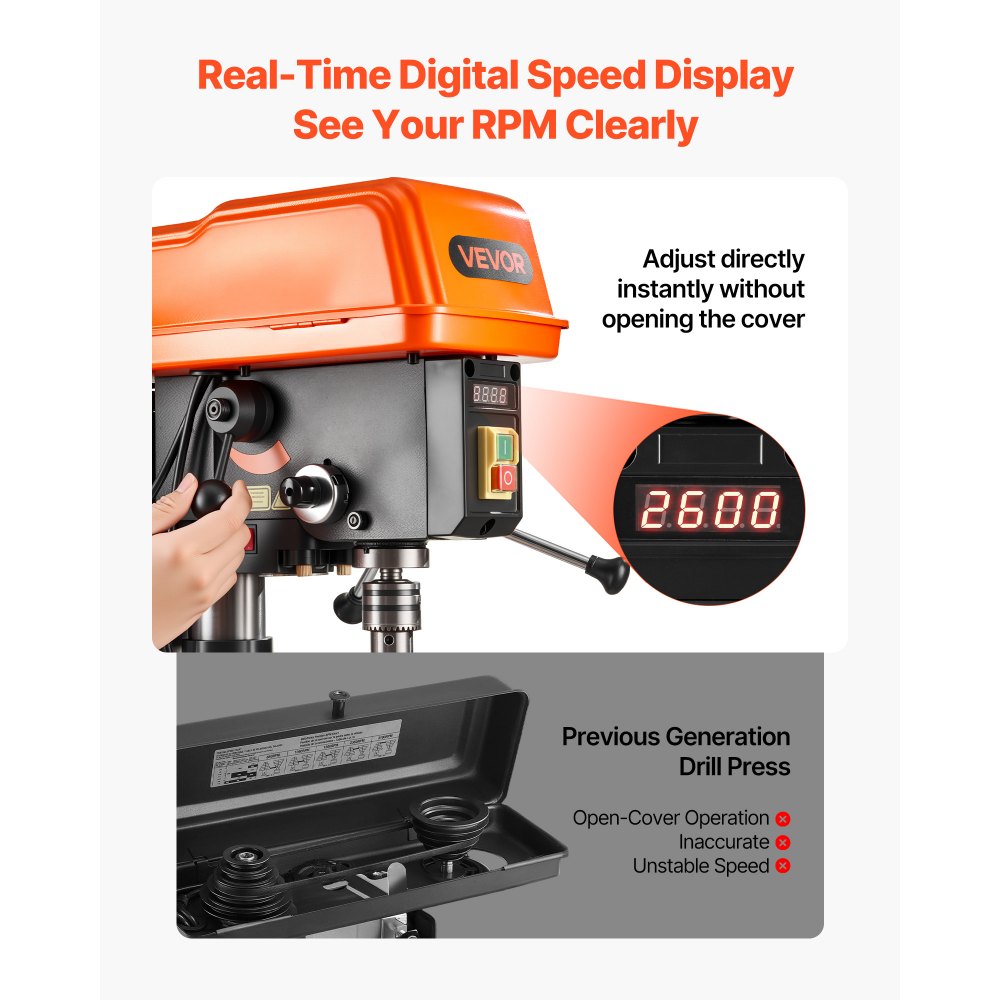 VEVOR 254 mm Benchtop Drill Press, 400W, Bench Drill Press, 440 to 2600 RPM Variable Speed, 0-45° Tilting Worktable, with Laser and LED Work Light, Tabletop Drilling Machine, for Woodworking, Metal
