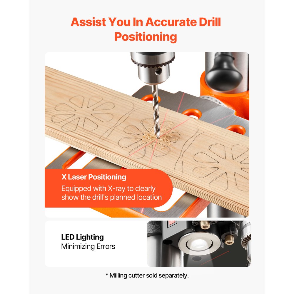 VEVOR 254 mm Benchtop Drill Press, 400W, Bench Drill Press, 440 to 2600 RPM Variable Speed, 0-45° Tilting Worktable, with Laser and LED Work Light, Tabletop Drilling Machine, for Woodworking, Metal