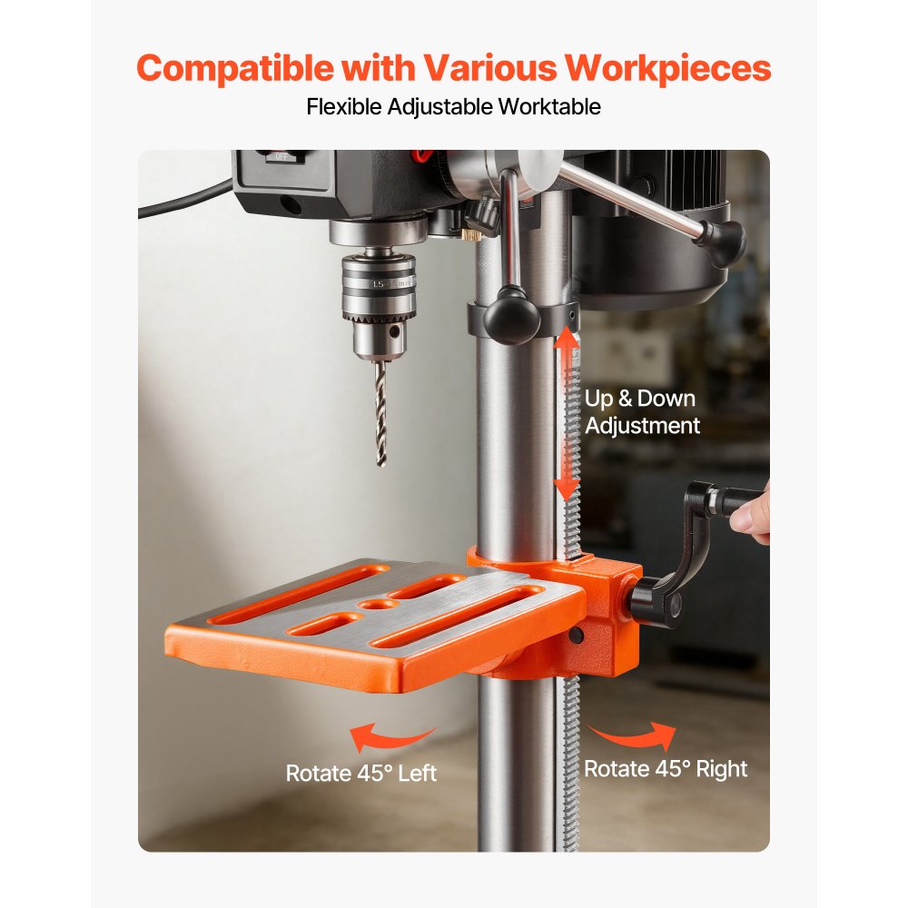 VEVOR 254 mm Benchtop Drill Press, 400W, Bench Drill Press, 440 to 2600 RPM Variable Speed, 0-45° Tilting Worktable, with Laser and LED Work Light, Tabletop Drilling Machine, for Woodworking, Metal