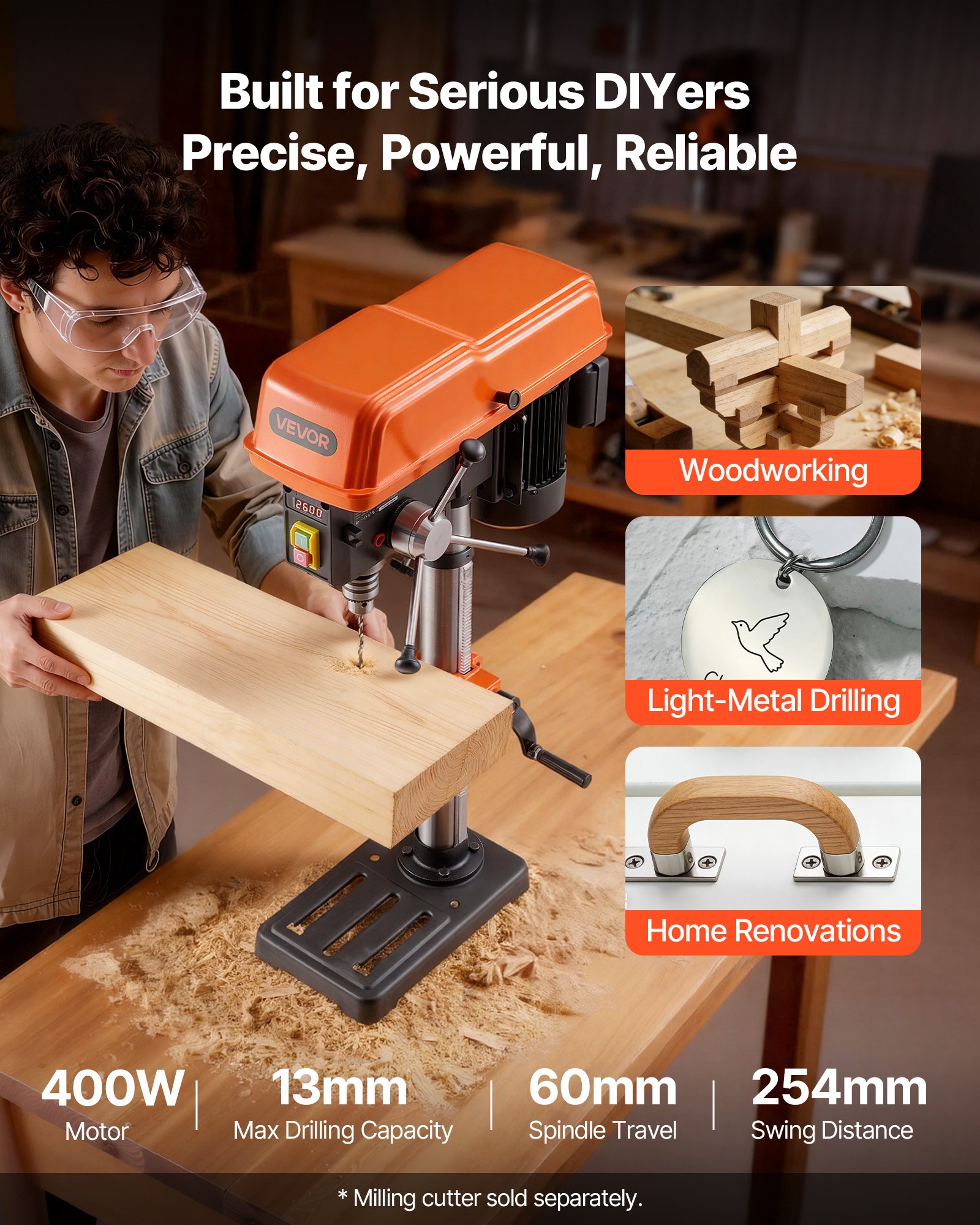 VEVOR 254 mm Benchtop Drill Press, 400W, Bench Drill Press, 440 to 2600 RPM Variable Speed, 0-45° Tilting Worktable, with Laser and LED Work Light, Tabletop Drilling Machine, for Woodworking, Metal