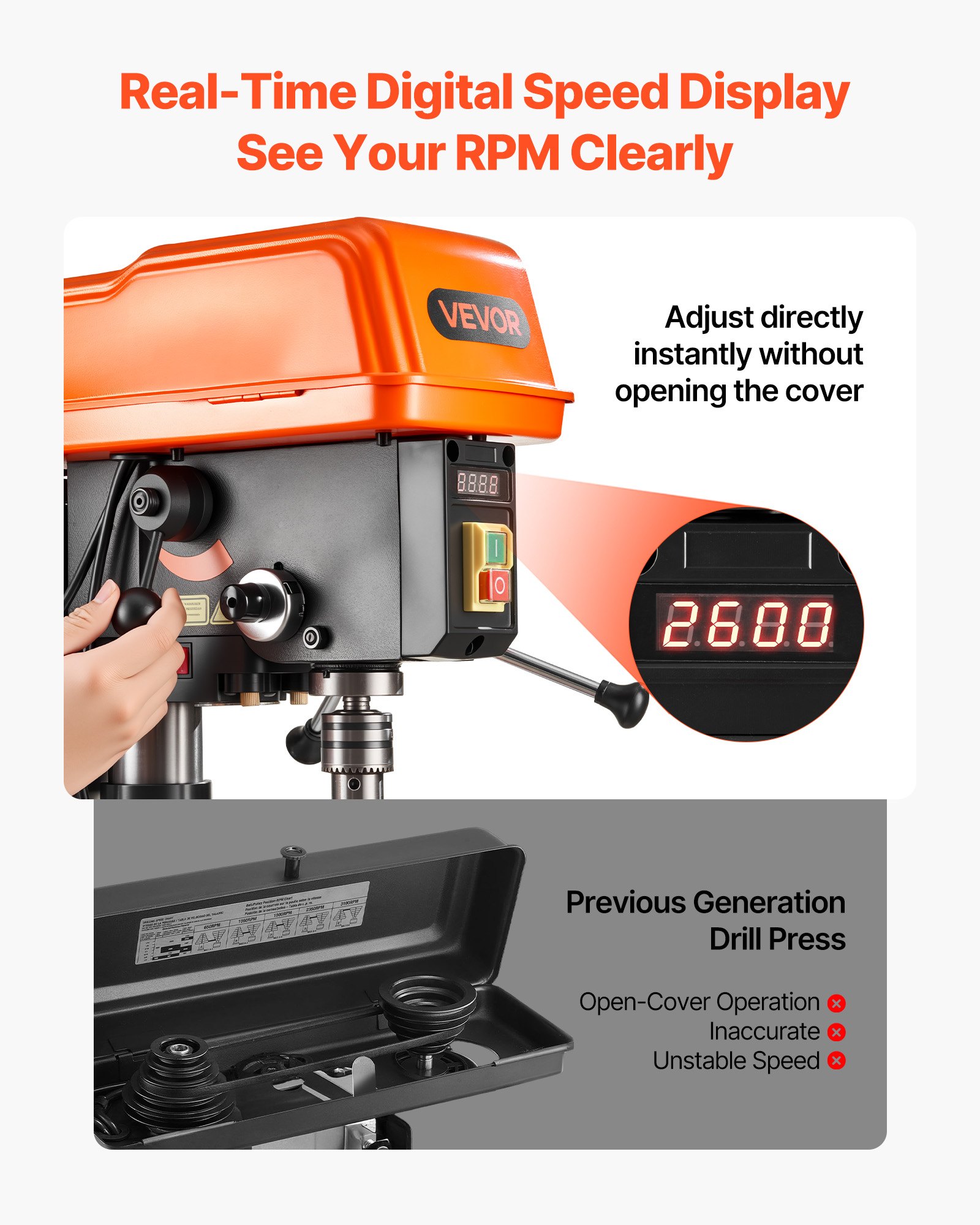 VEVOR 254 mm Benchtop Drill Press, 400W, Bench Drill Press, 440 to 2600 RPM Variable Speed, 0-45° Tilting Worktable, with Laser and LED Work Light, Tabletop Drilling Machine, for Woodworking, Metal