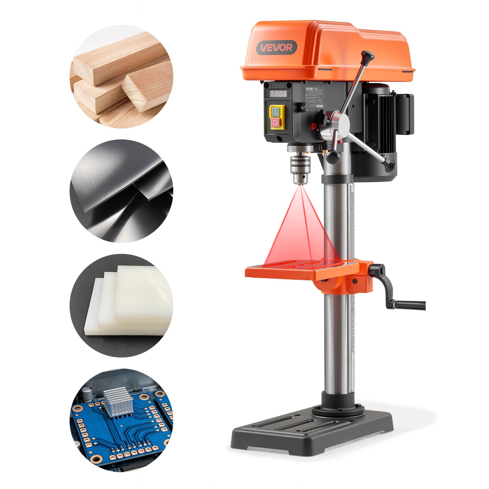 VEVOR 254 mm Benchtop Drill Press, 400W, Bench Drill Press, 440 to 2600 RPM Variable Speed, 0-45° Tilting Worktable, with Laser and LED Work Light, Tabletop Drilling Machine, for Woodworking, Metal