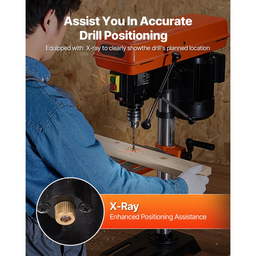 Wiertarka stołowa VEVOR 254 mm, silnik indukcyjny 6,2 A, wiertarka stołowa z regulowaną prędkością 510 / 780 / 1300 / 1820 / 2430 obr./min, stół roboczy z możliwością pochylenia w zakresie 0-45°, oświetlenie robocze LED, do drewna i metalu