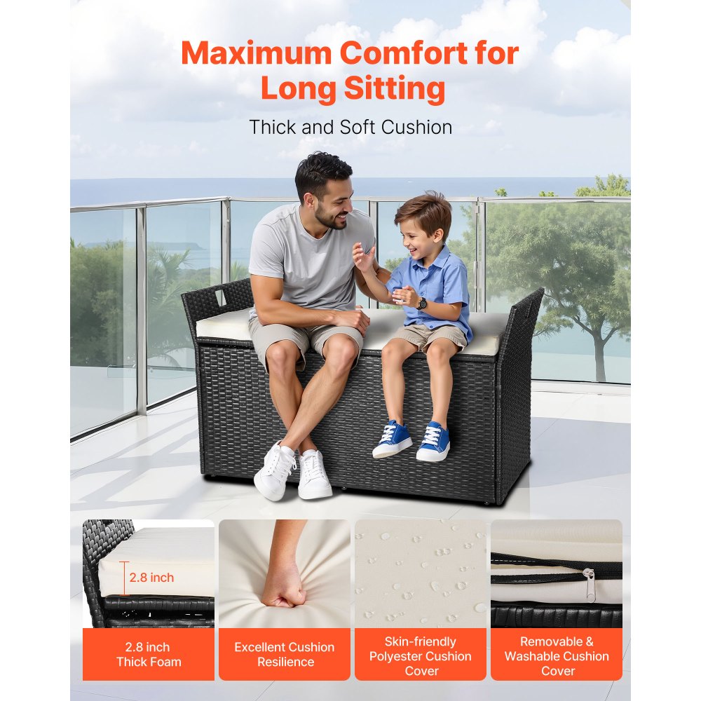 Ławka ogrodowa VEVOR z miejscem do przechowywania, skrzynia z rattanu PE, ławka skrzyniowa z poduszkami i uchwytami bocznymi, udźwig do 360 kg, siedzisko ogrodowe i dekoracja ganku na patio, do ogrodu, na balkon, 125 x 55 x 70 cm