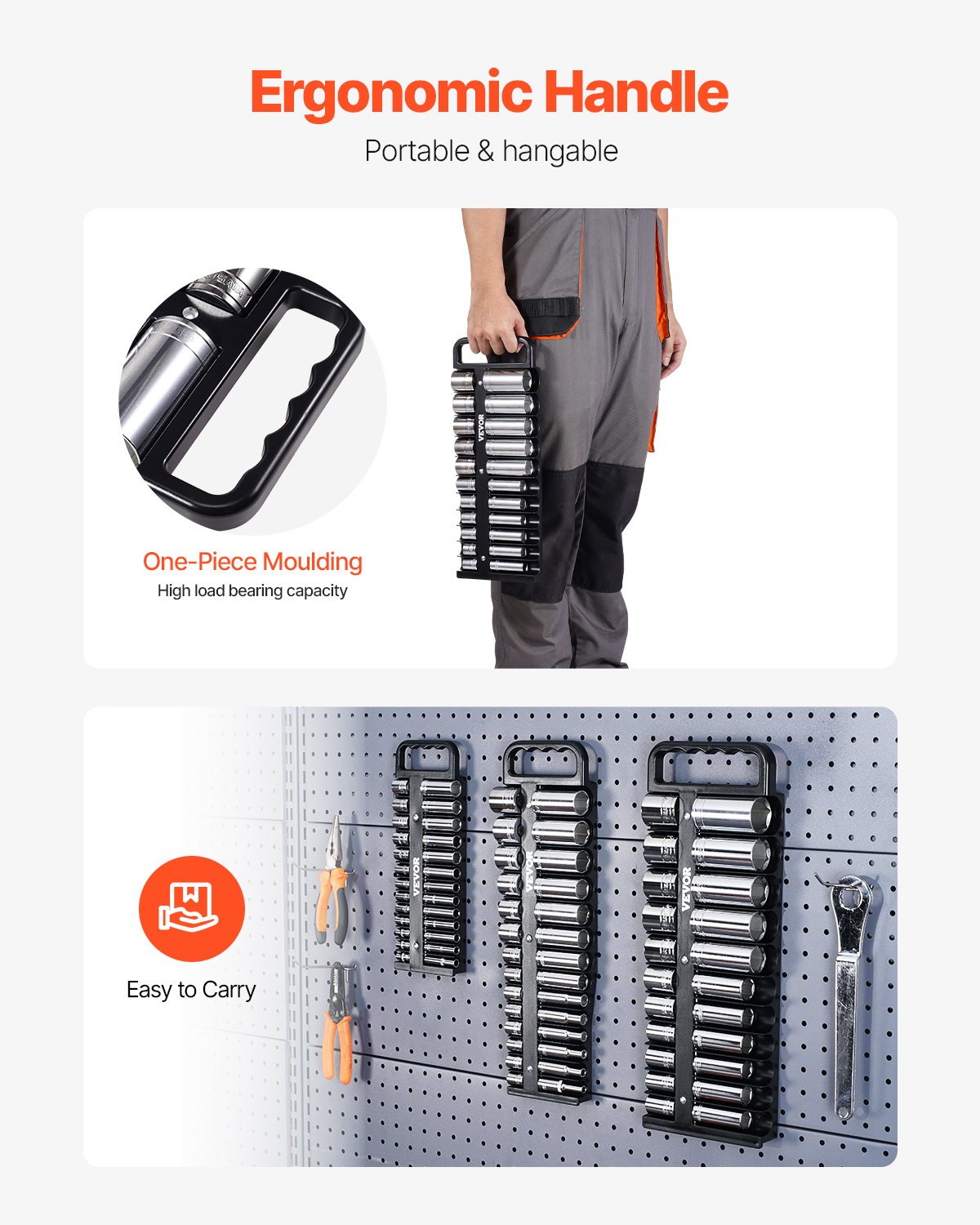 Zestaw organizerów na nasadki VEVOR, 3-częściowy zestaw organizerów na nasadki metryczne i SAE, uchwyt na nasadki 1/4 cala, 3/8 cala i 1/2 cala z uchwytem i podstawą magnetyczną, mieści do 76 nasadek