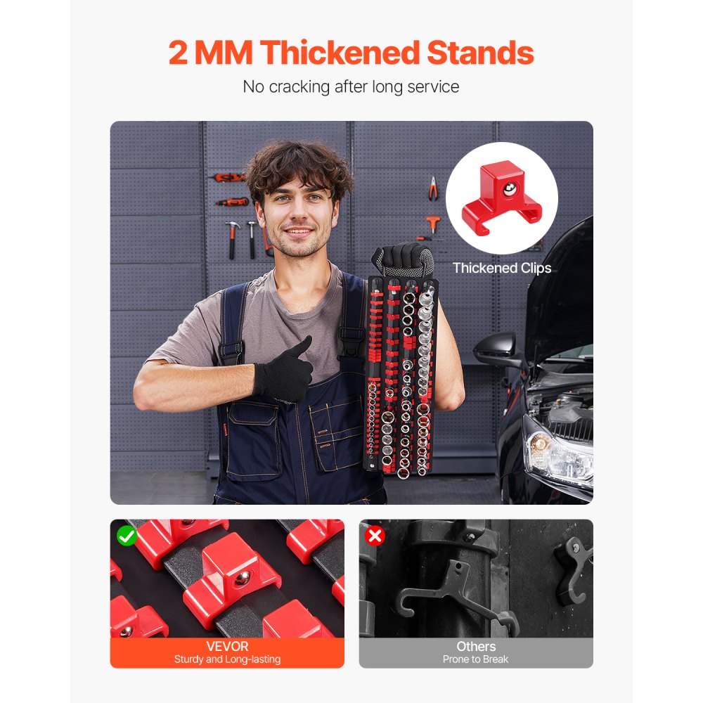 VEVOR 2-częściowy zestaw organizerów na nasadki metryczne i SAE na maksymalnie 160 nasadek, szyna na nasadki 1/4 cala, 3/8 cala i 1/2 cala z uchwytem i stalową podstawą do szuflady narzędziowej
