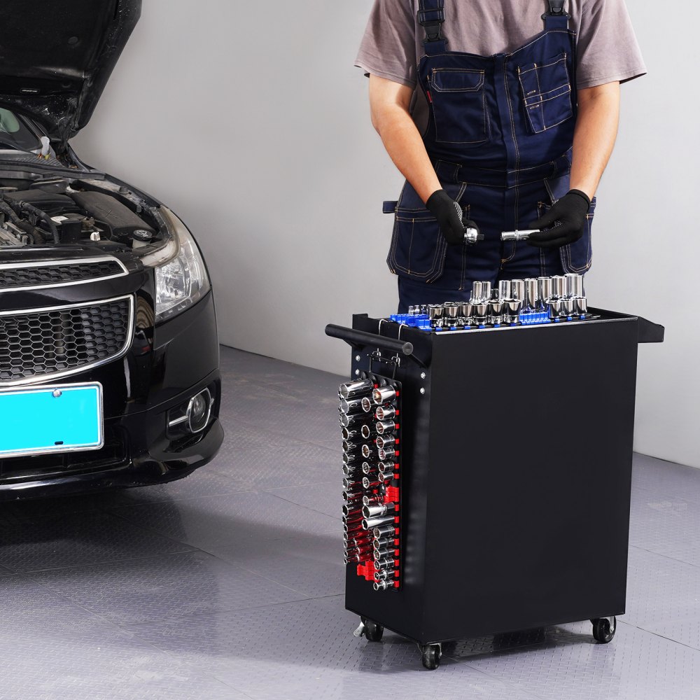 VEVOR 2-częściowy zestaw organizerów na nasadki metryczne i SAE na maksymalnie 160 nasadek, szyna na nasadki 1/4 cala, 3/8 cala i 1/2 cala z uchwytem i stalową podstawą do szuflady narzędziowej