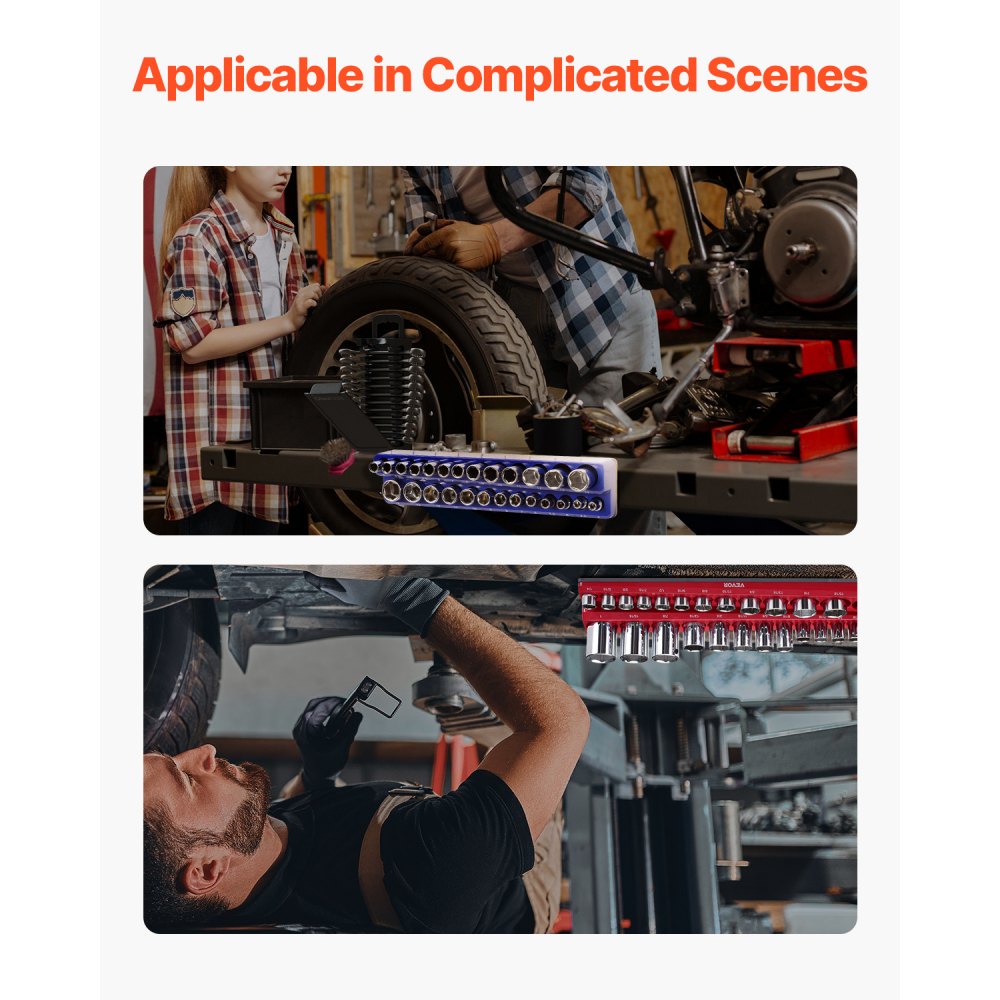 Zestaw 4 magnetycznych organizerów na nasadki VEVOR z tackami na nasadki SAE 1/4 cala i 3/8 cala, mieści do 108 standardowych i głębokich nasadek (nasadki nie są dołączone)