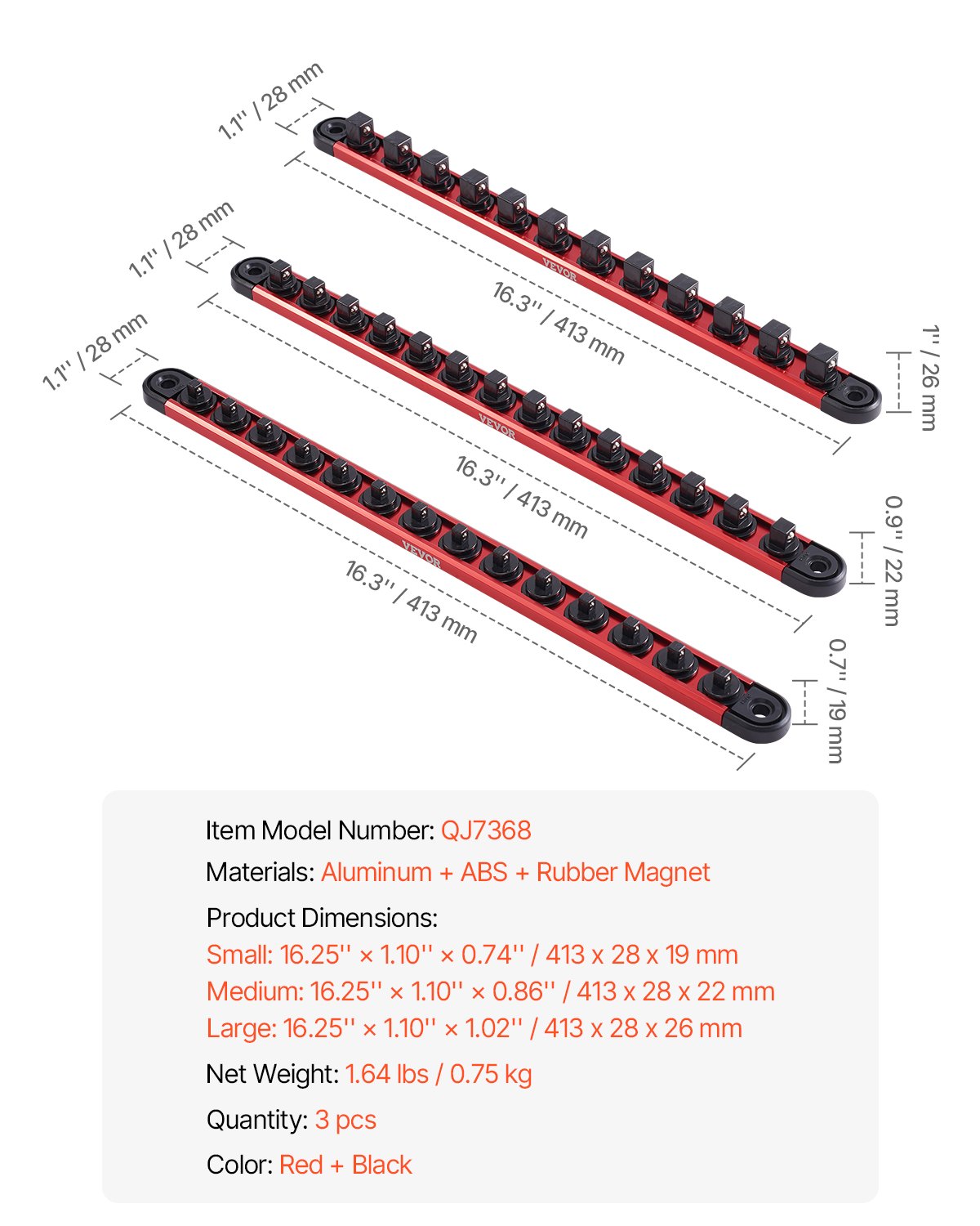 Organizer na nasadki VEVOR, 3-częściowy, szyna montażowa metryczna i SAE wykonana z aluminium, 1/4, 3/8 i 1/2 cala, organizer na nasadki z obrotowymi klipsami 360° do skrzynek narzędziowych, na maksymalnie 40 nasadek