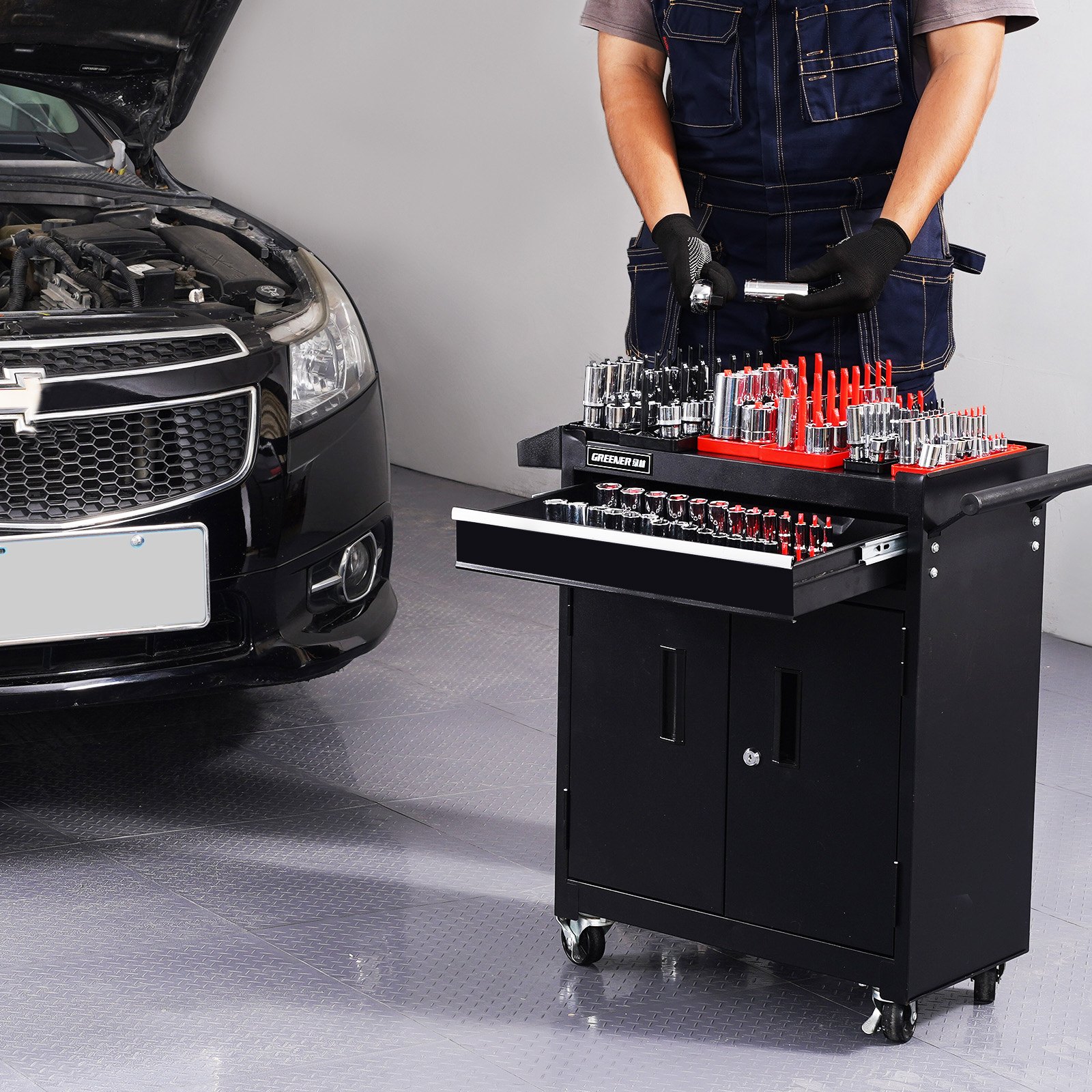 Zestaw organizera na nasadki VEVOR, 8-częściowa szyna na nasadki metryczne SAE 1/4, 3/8 i 1/2 cala, mieści do 176 nasadek standardowych i głębokich (nasadki nie są dołączone)