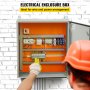 pracownik regulujący sprzęt wewnątrz obudowy elektrycznej VEVOR na tle białej ściany z cegły.