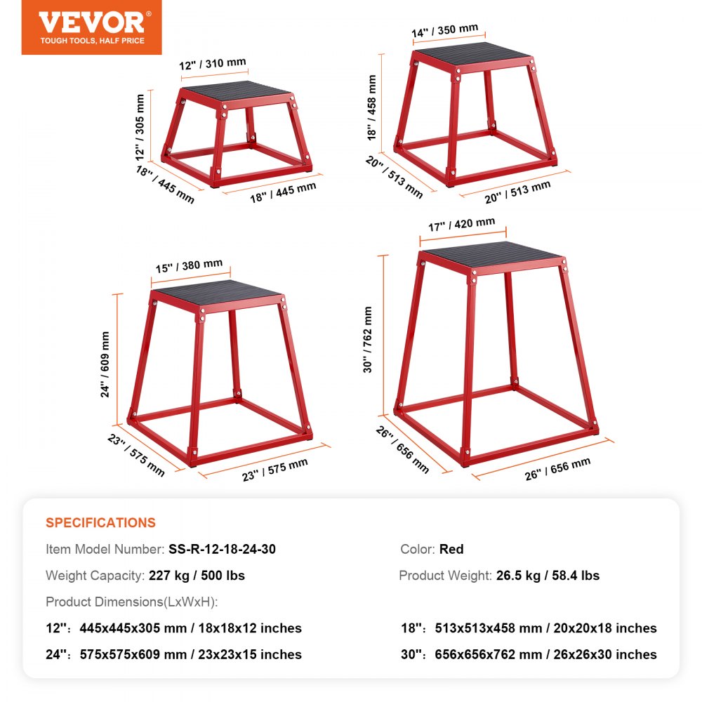 VEVOR 4-częściowe skrzynie do skoków plyometrycznych, 305/458/609/762 mm, czerwona skrzynia plyometryczna, antypoślizgowy zestaw do ćwiczeń fitness, do domowego treningu fitness, treningu siłowego, treningu skoków, przenośny